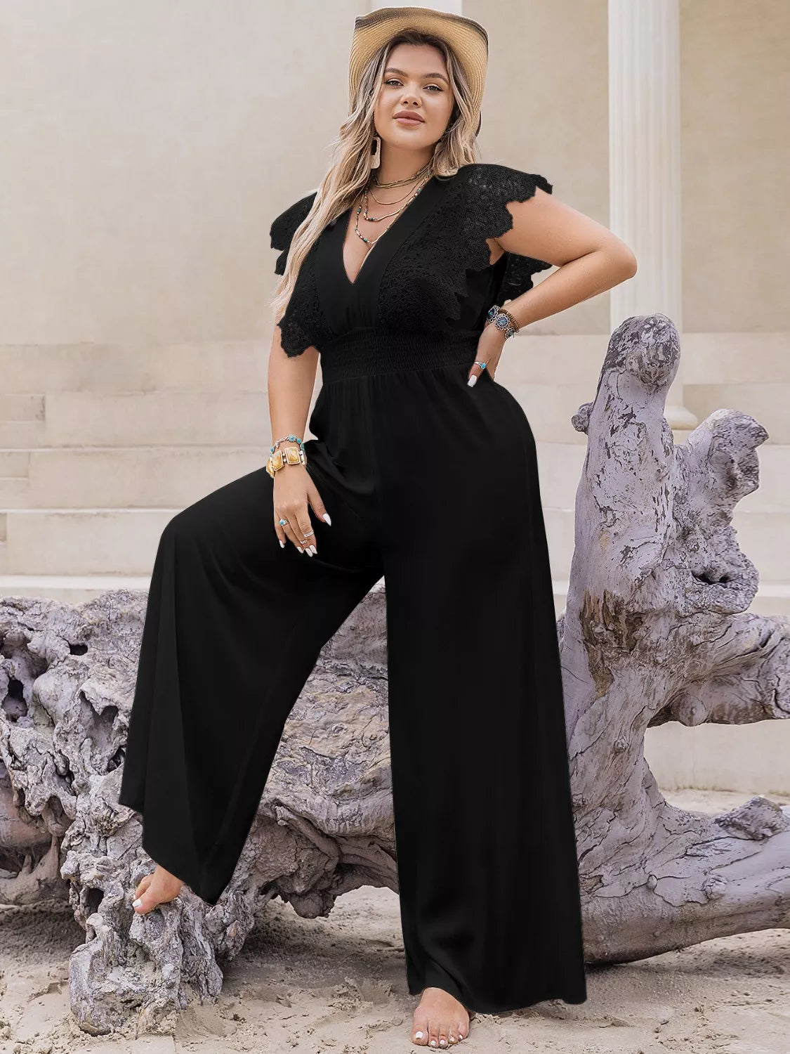 Plus Size Lace Cap Sleeve Wide Leg Jumpsuit - WYNFLARE