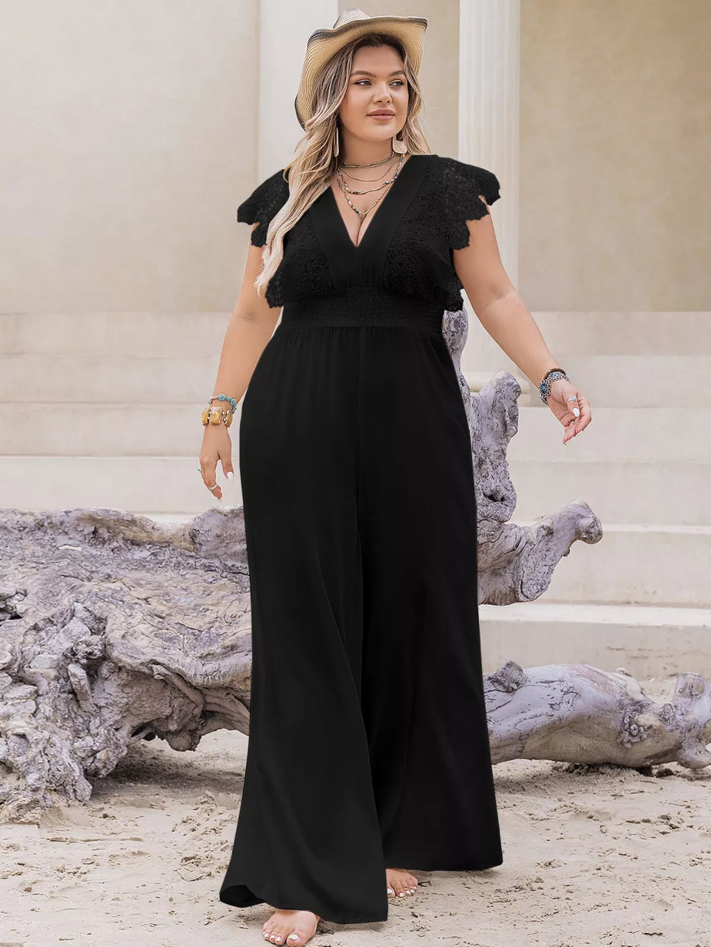 Plus Size Lace Cap Sleeve Wide Leg Jumpsuit - WYNFLARE
