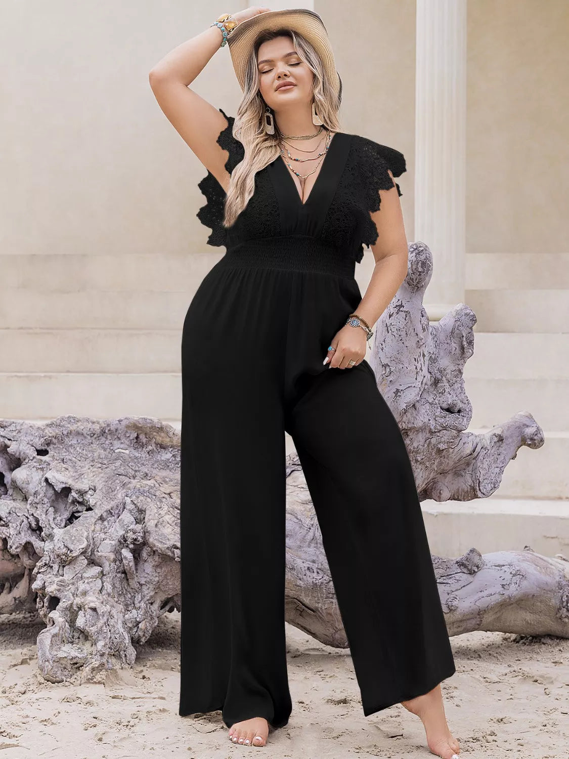 Plus Size Lace Cap Sleeve Wide Leg Jumpsuit - WYNFLARE