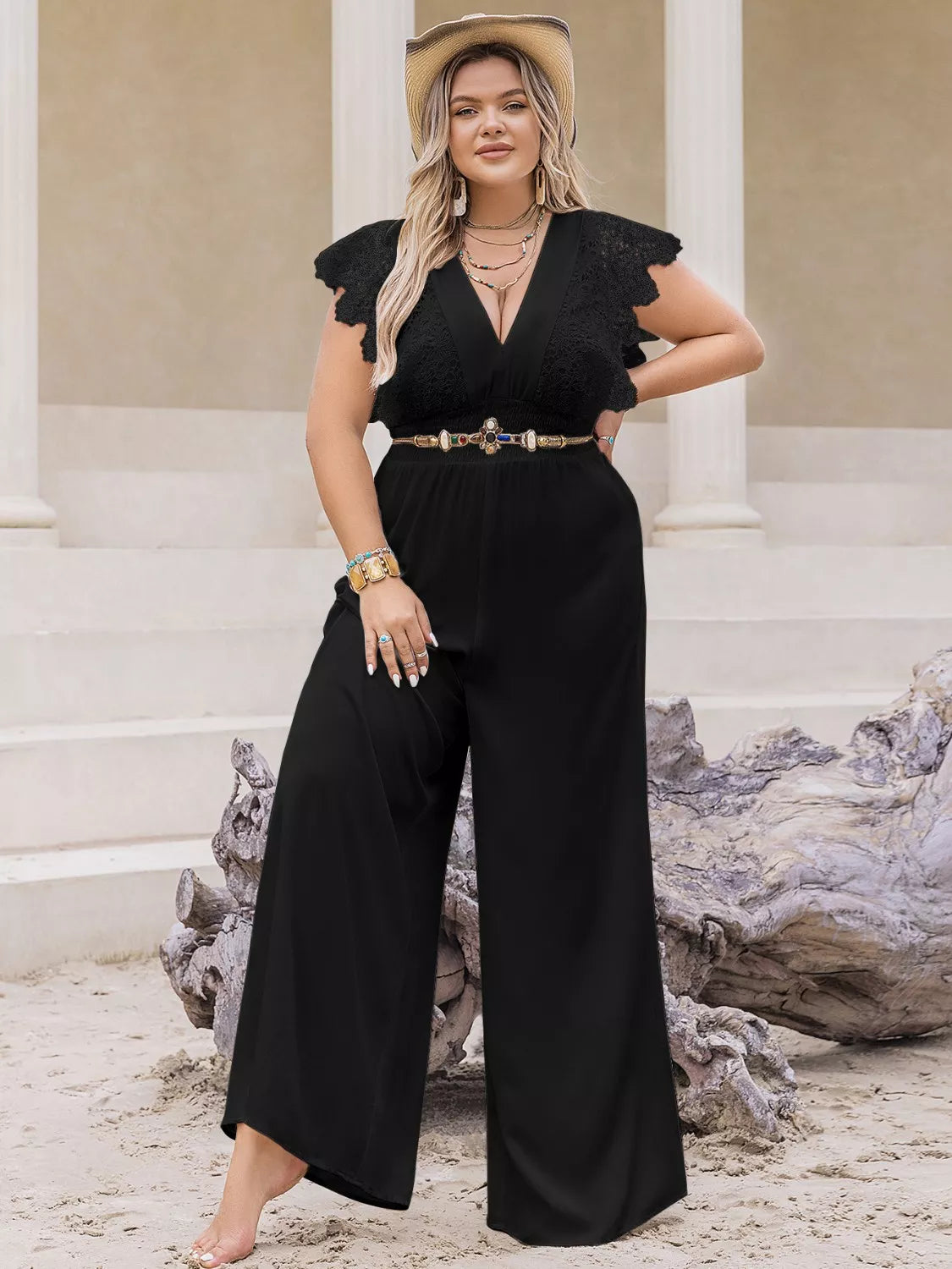 Plus Size Lace Cap Sleeve Wide Leg Jumpsuit - WYNFLARE