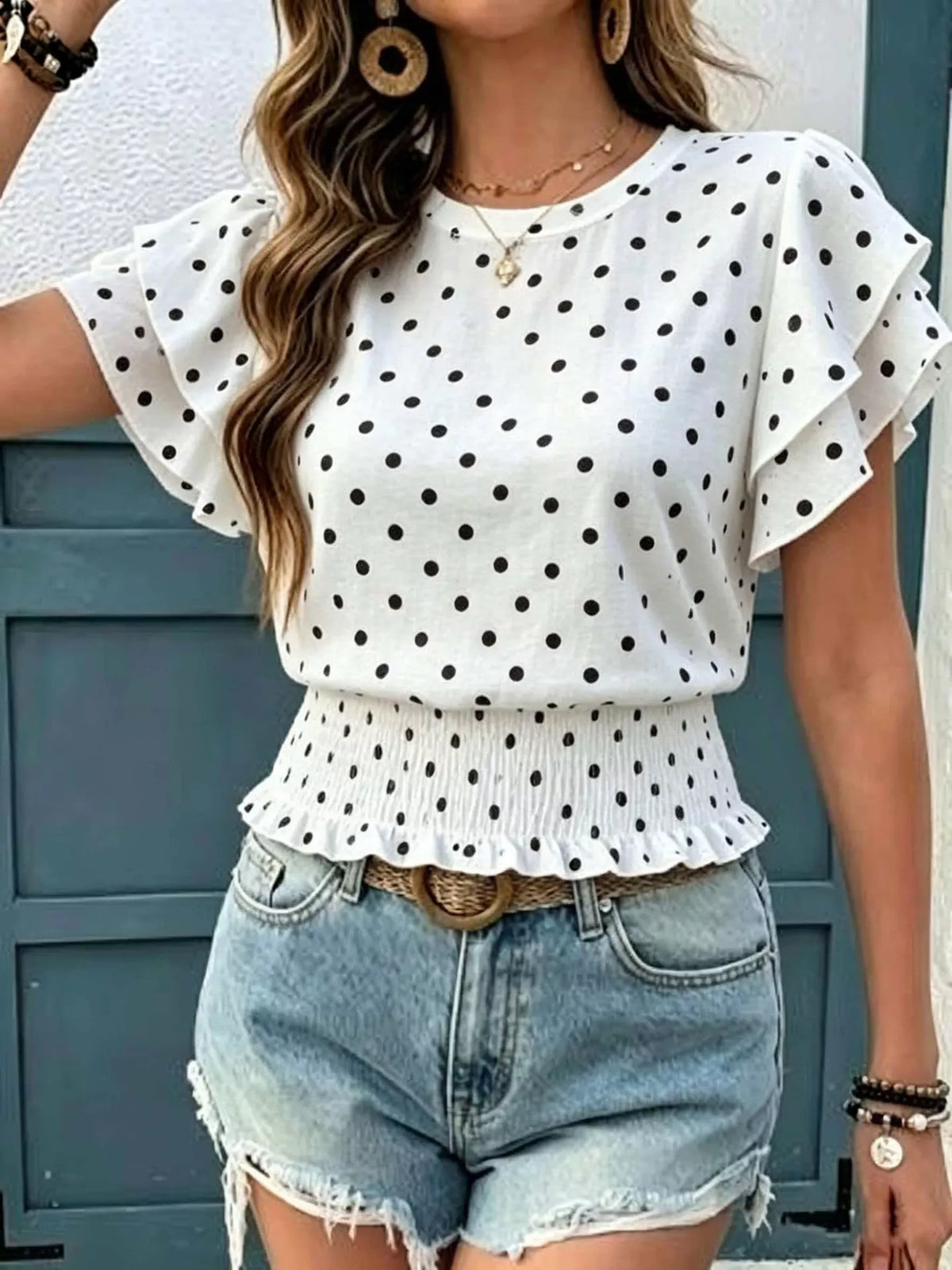 Polka Dot Ruffle Sleeve Blouse - WYNFLARE