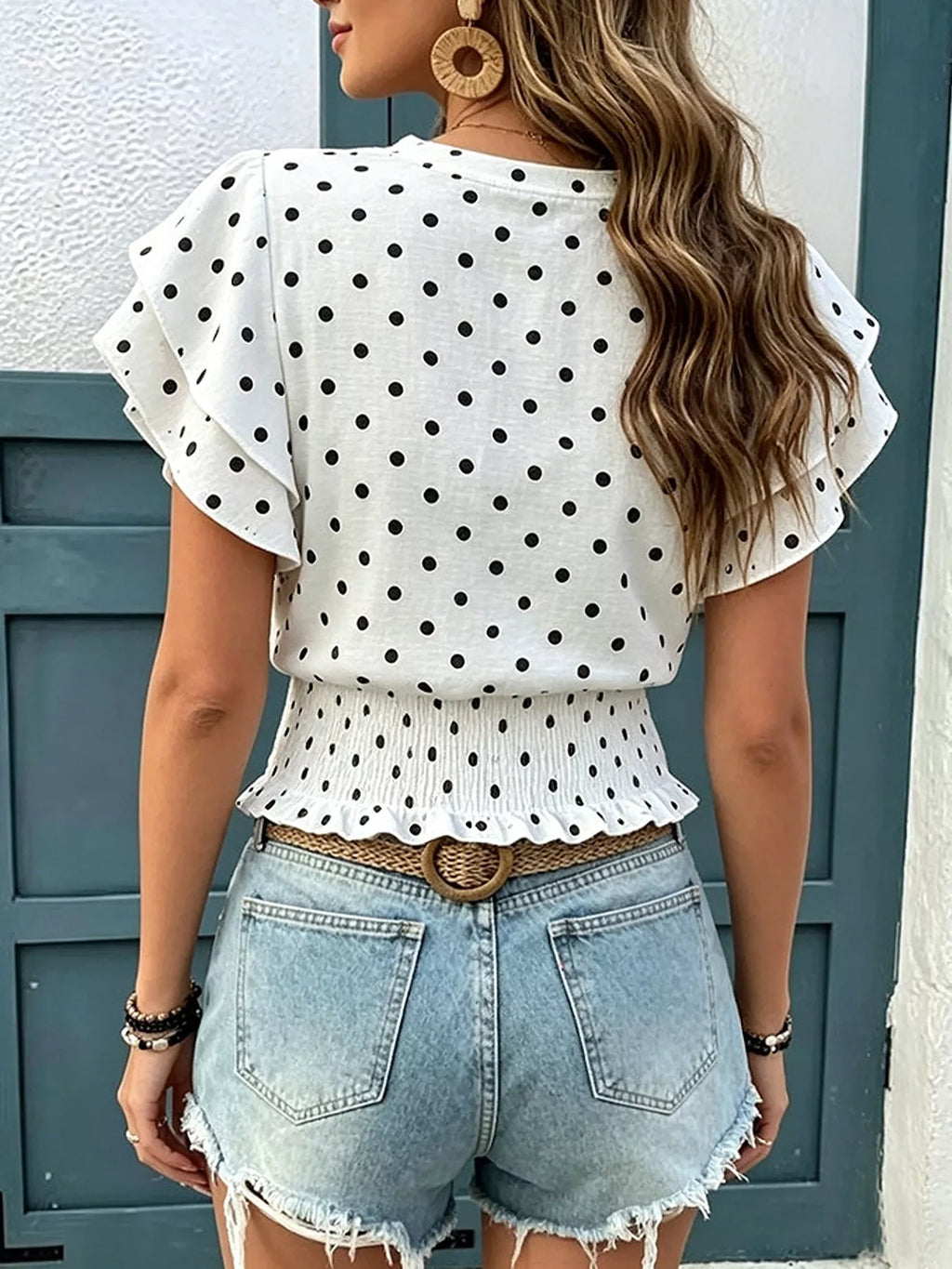 Polka Dot Ruffle Sleeve Blouse - WYNFLARE