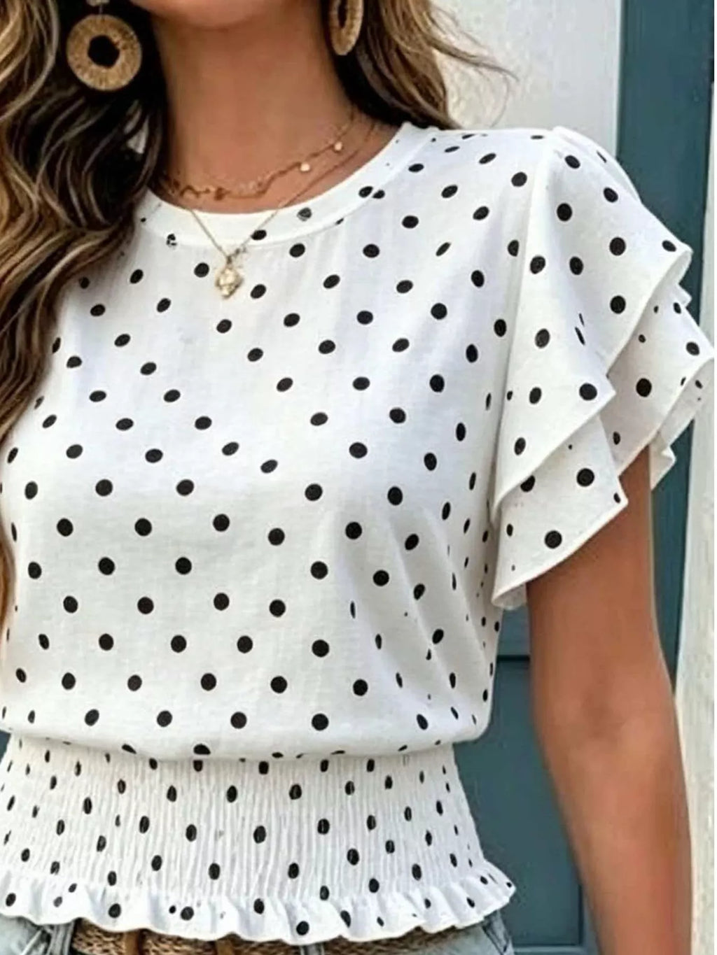 Polka Dot Ruffle Sleeve Blouse - WYNFLARE