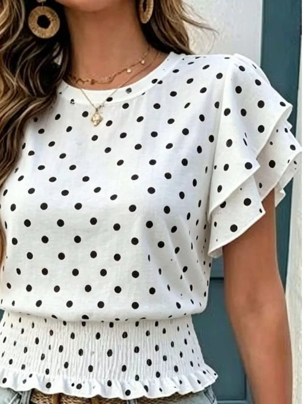 Polka Dot Ruffle Sleeve Blouse - WYNFLARE