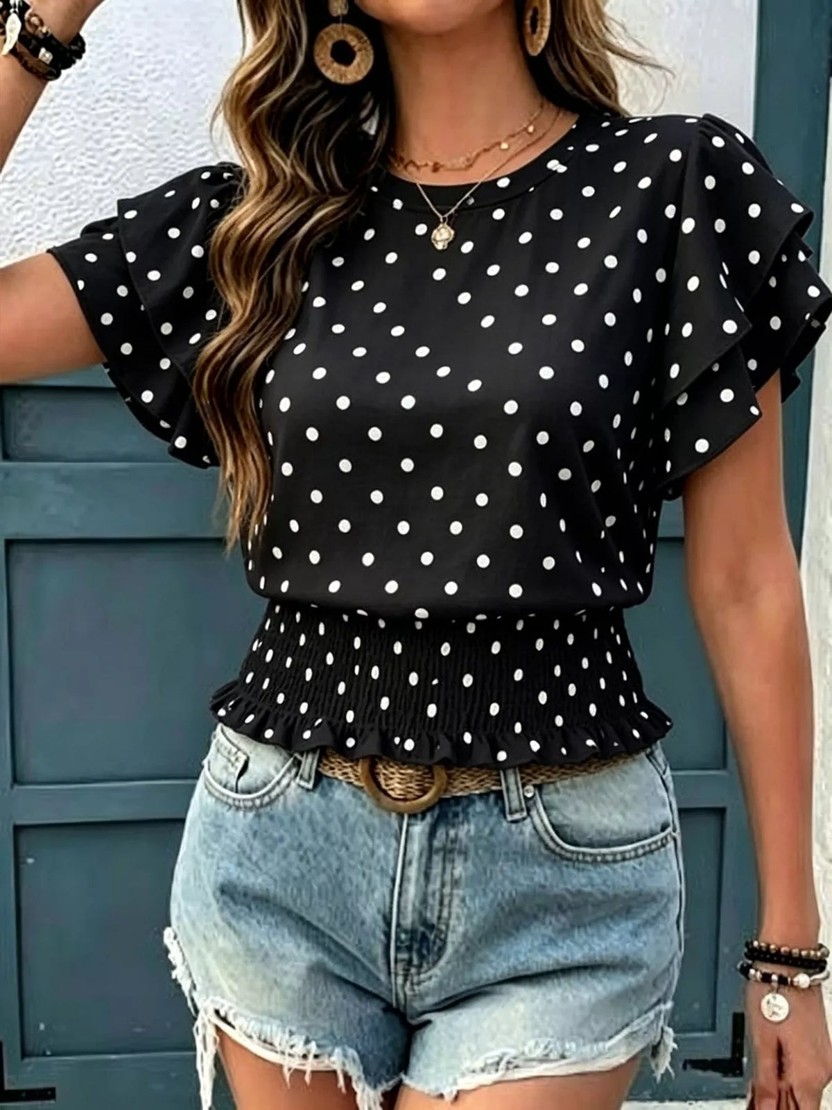 Polka Dot Ruffle Sleeve Blouse - WYNFLARE