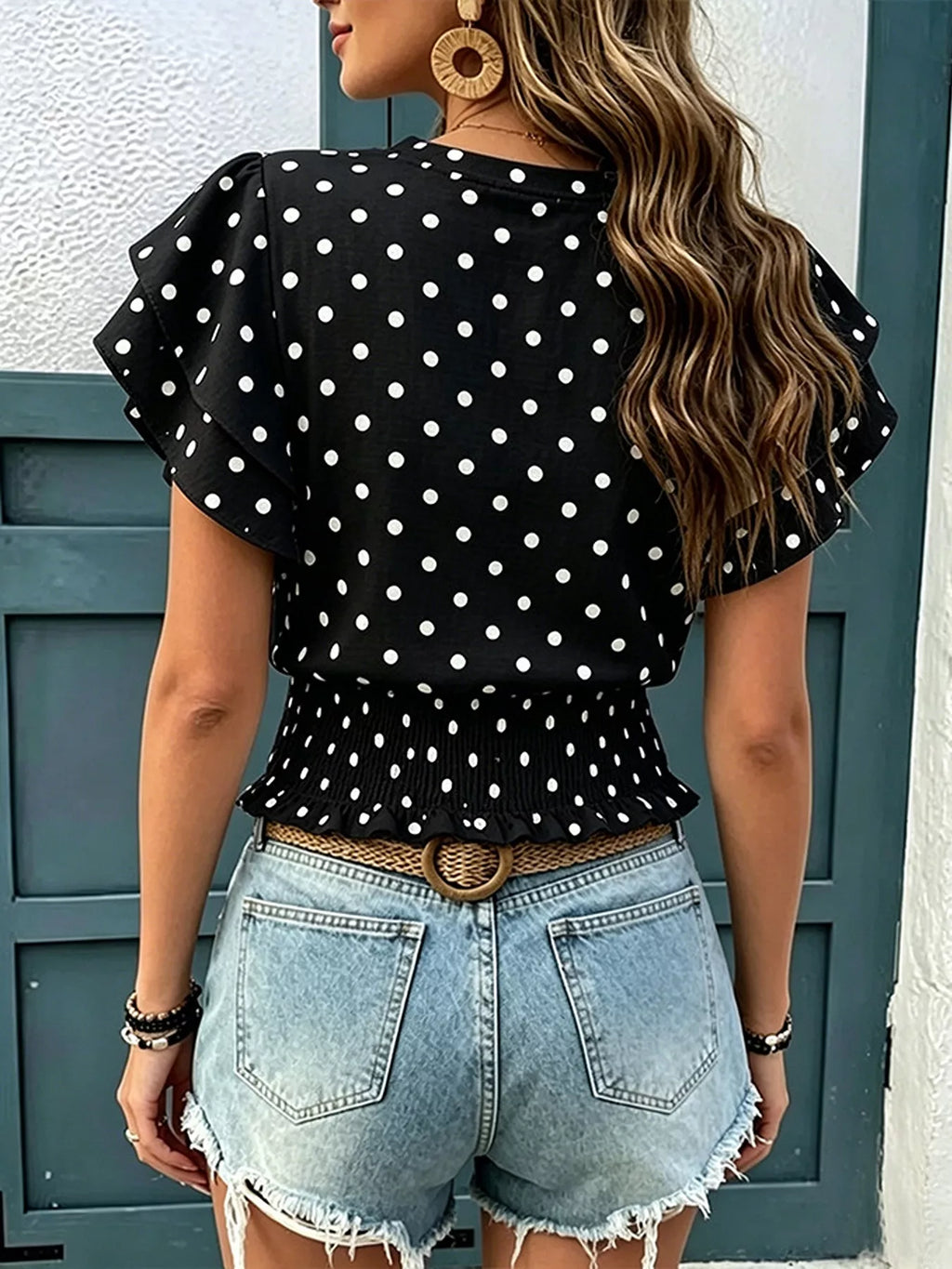 Polka Dot Ruffle Sleeve Blouse - WYNFLARE