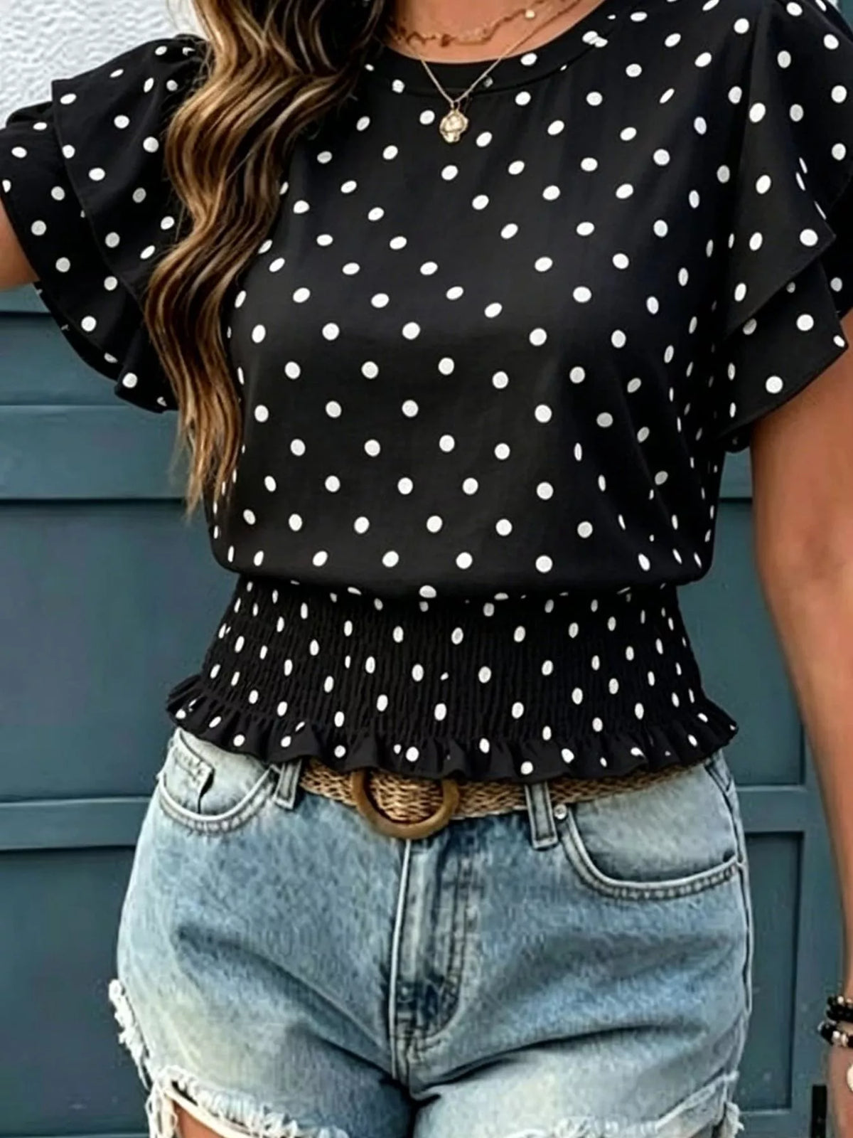 Polka Dot Ruffle Sleeve Blouse - WYNFLARE