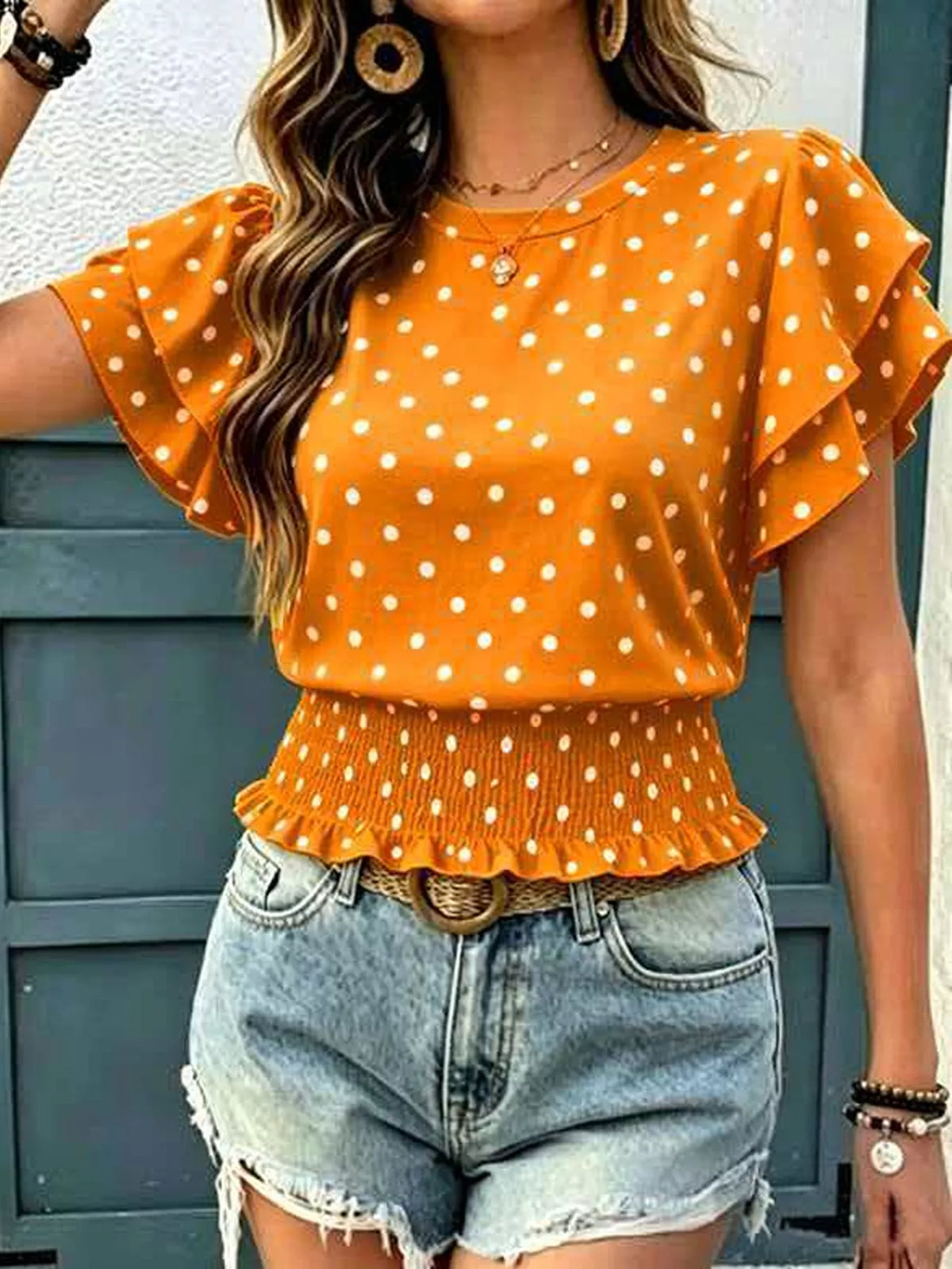 Polka Dot Ruffle Sleeve Blouse - WYNFLARE