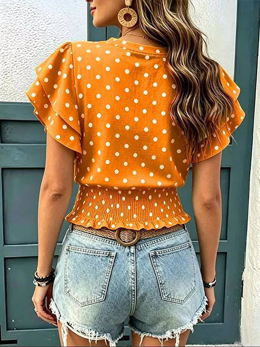 Polka Dot Ruffle Sleeve Blouse - WYNFLARE