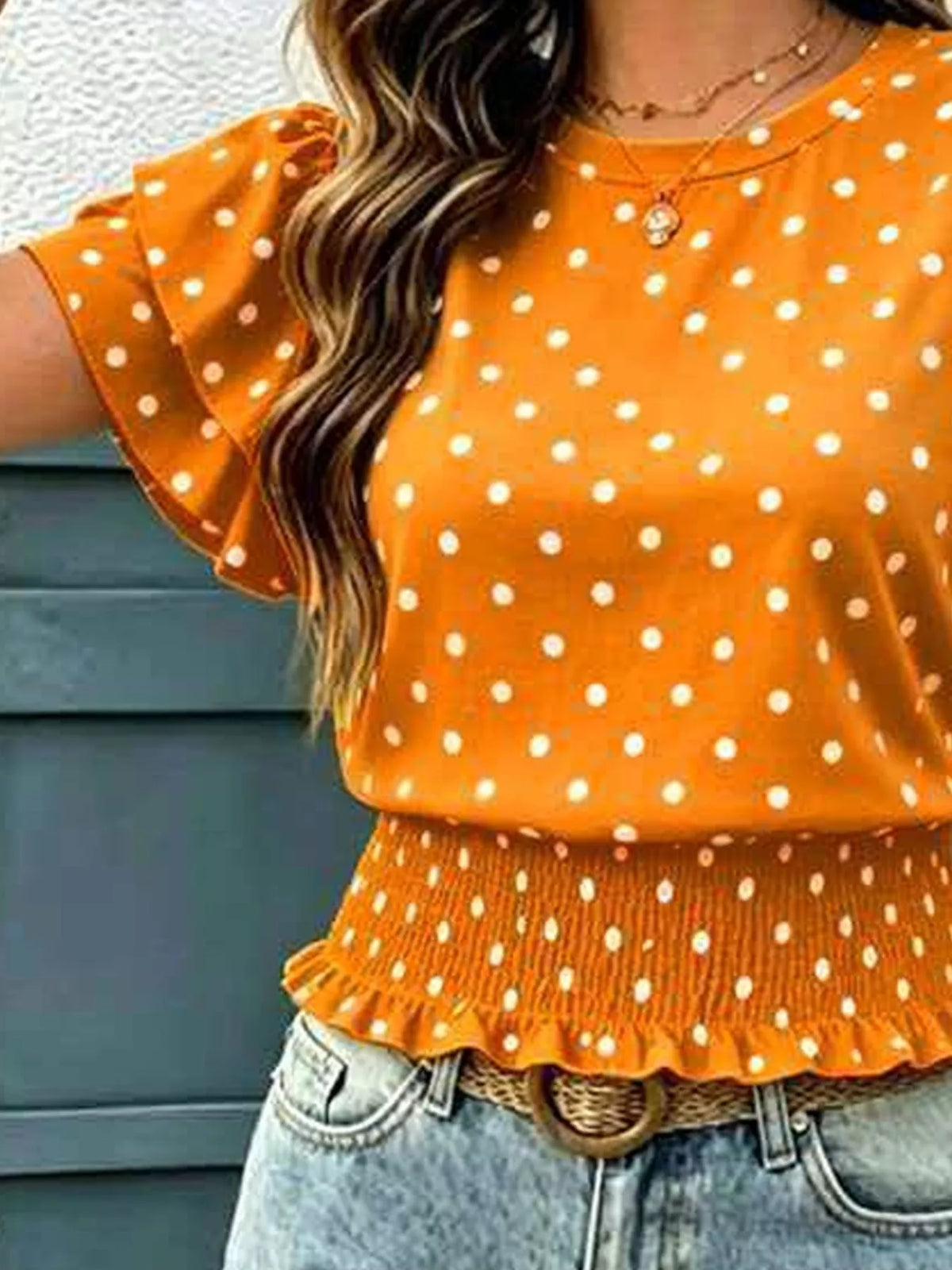 Polka Dot Ruffle Sleeve Blouse - WYNFLARE