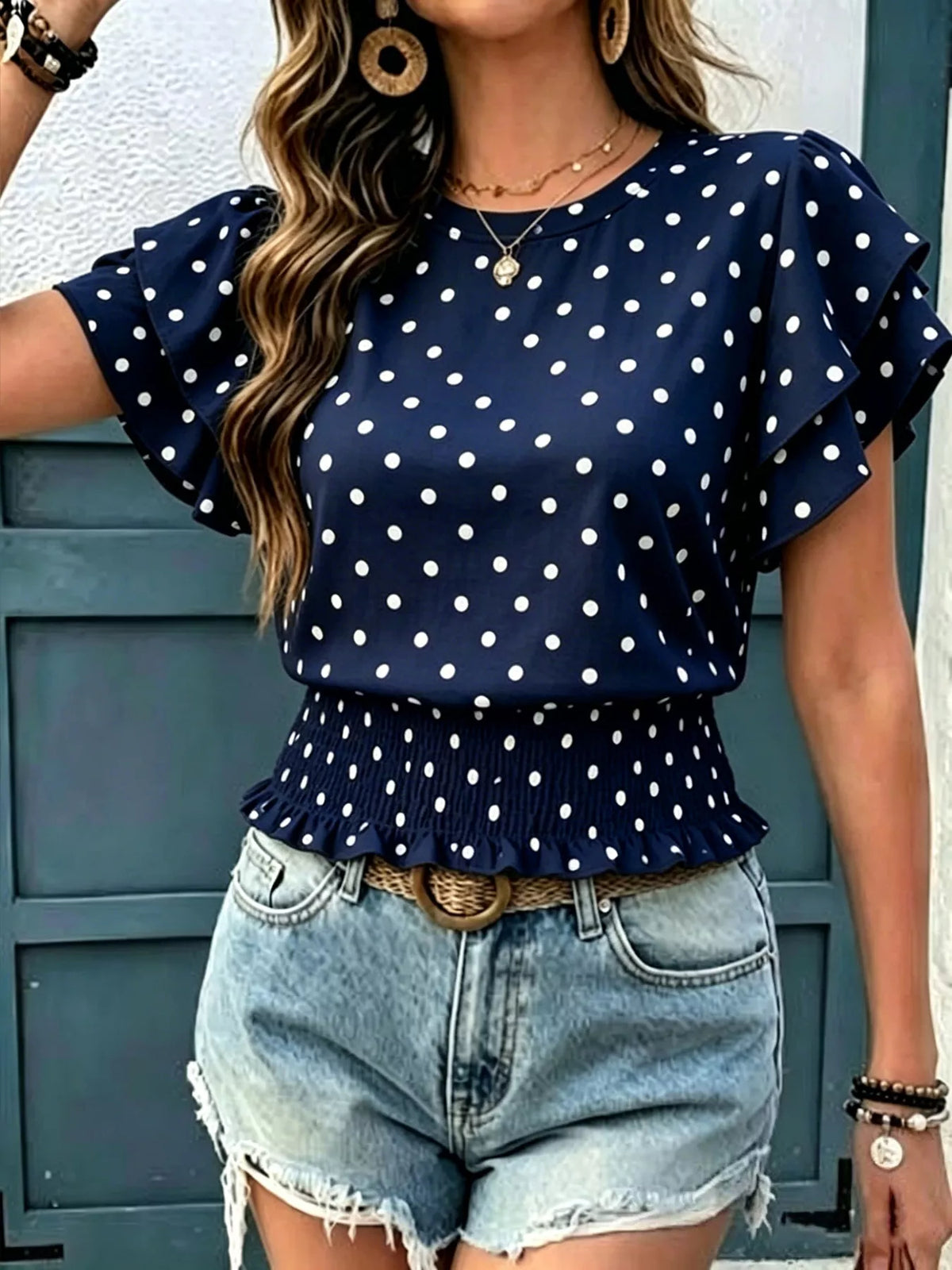 Polka Dot Ruffle Sleeve Blouse - WYNFLARE