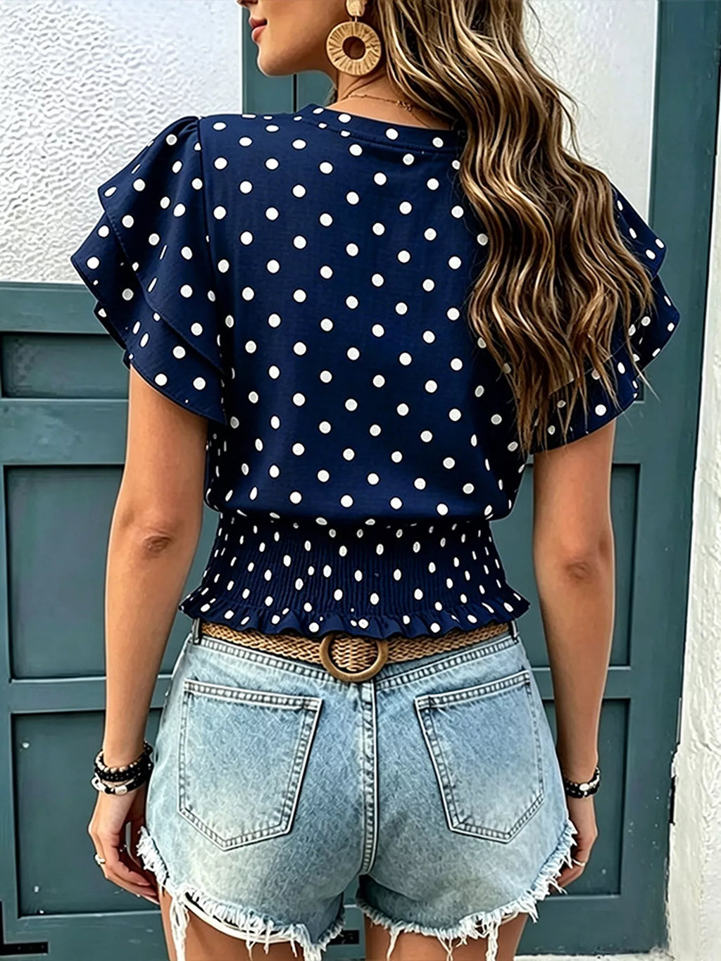 Polka Dot Ruffle Sleeve Blouse - WYNFLARE