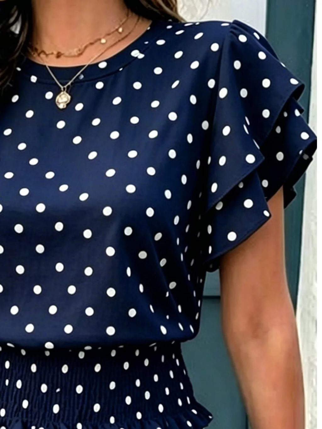 Polka Dot Ruffle Sleeve Blouse - WYNFLARE