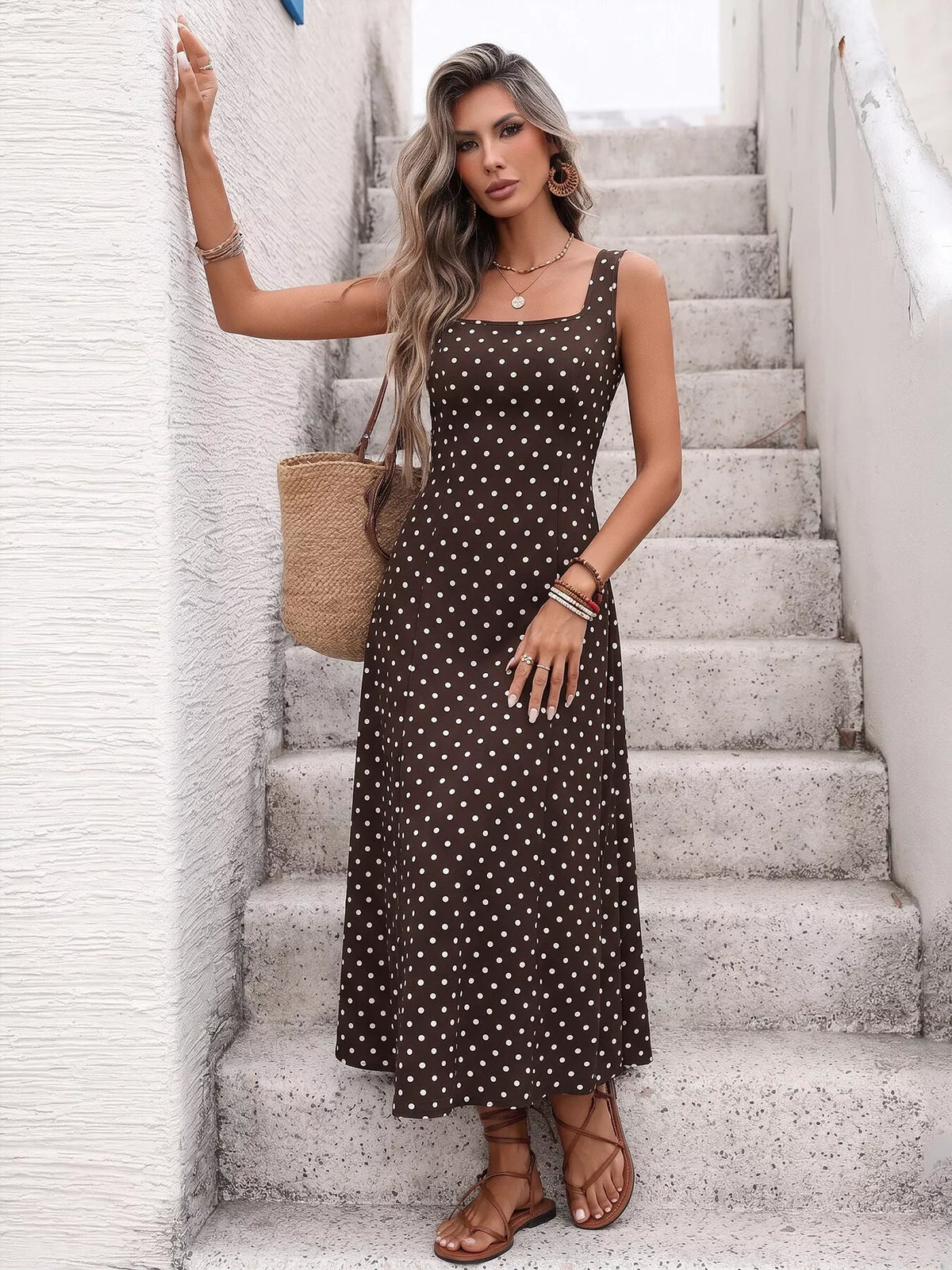 Polka Dot Sleeveless Square Neck Maxi Dress - WYNFLARE