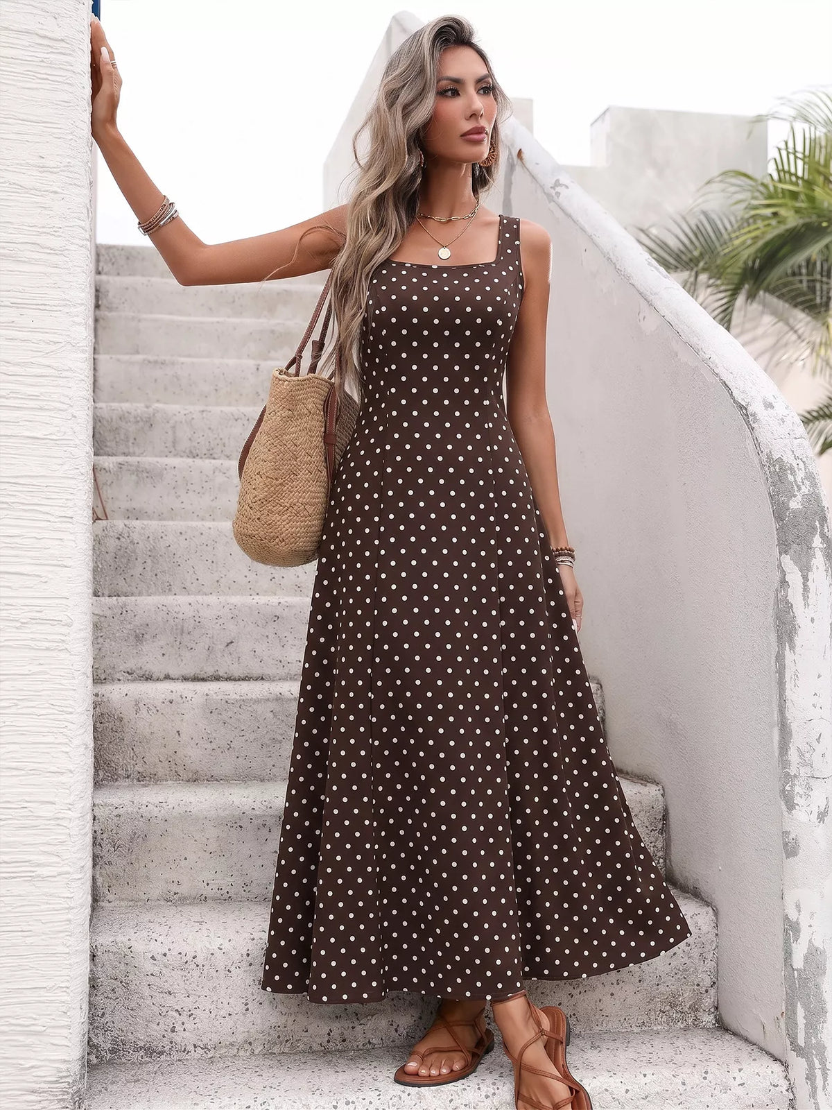 Polka Dot Sleeveless Square Neck Maxi Dress - WYNFLARE