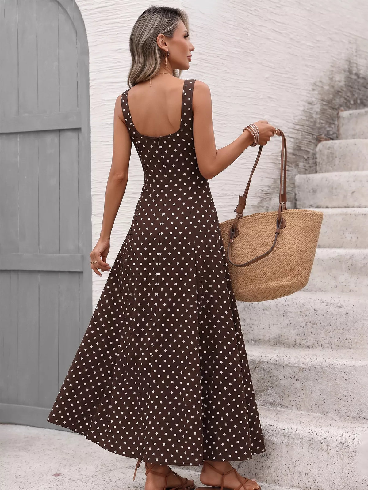 Polka Dot Sleeveless Square Neck Maxi Dress - WYNFLARE