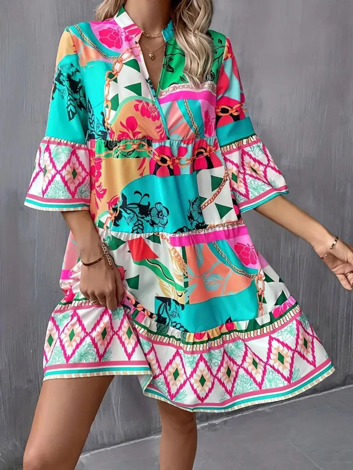 Printed Notched 3/4 Sleeve Tiered Dress - WYNFLARE