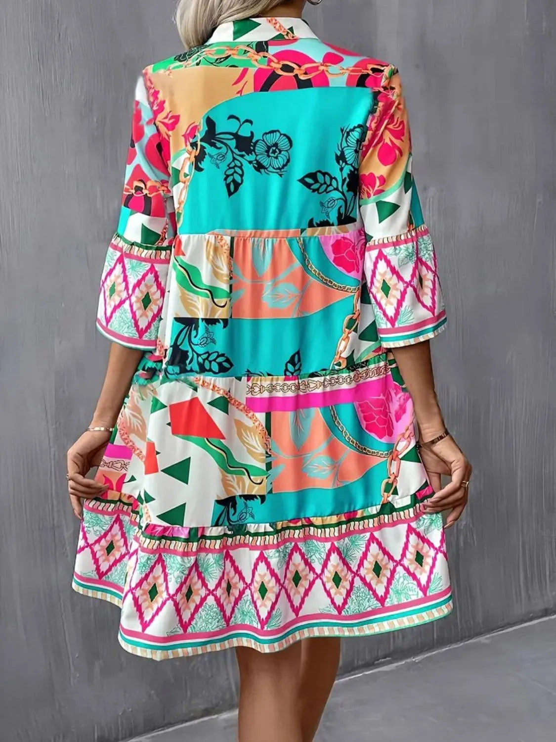 Printed Notched 3/4 Sleeve Tiered Dress - WYNFLARE