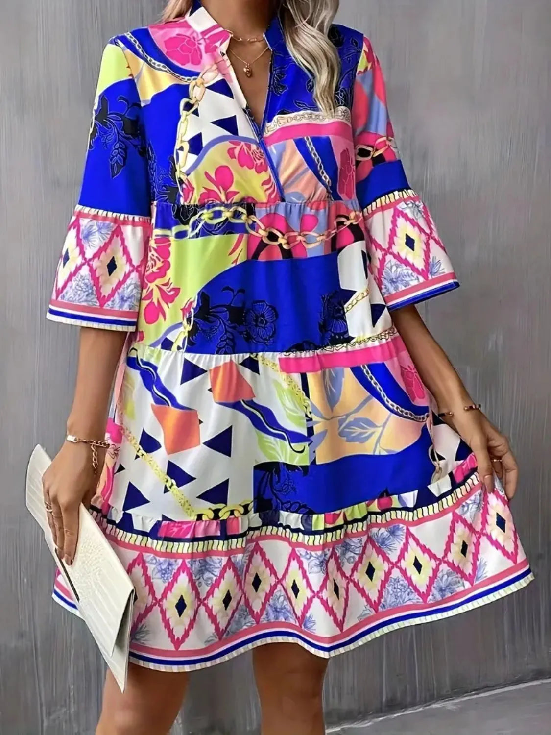 Printed Notched 3/4 Sleeve Tiered Dress - WYNFLARE