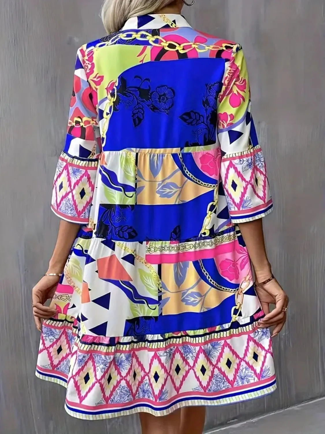 Printed Notched 3/4 Sleeve Tiered Dress - WYNFLARE