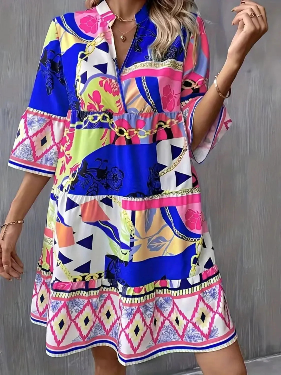 Printed Notched 3/4 Sleeve Tiered Dress - WYNFLARE