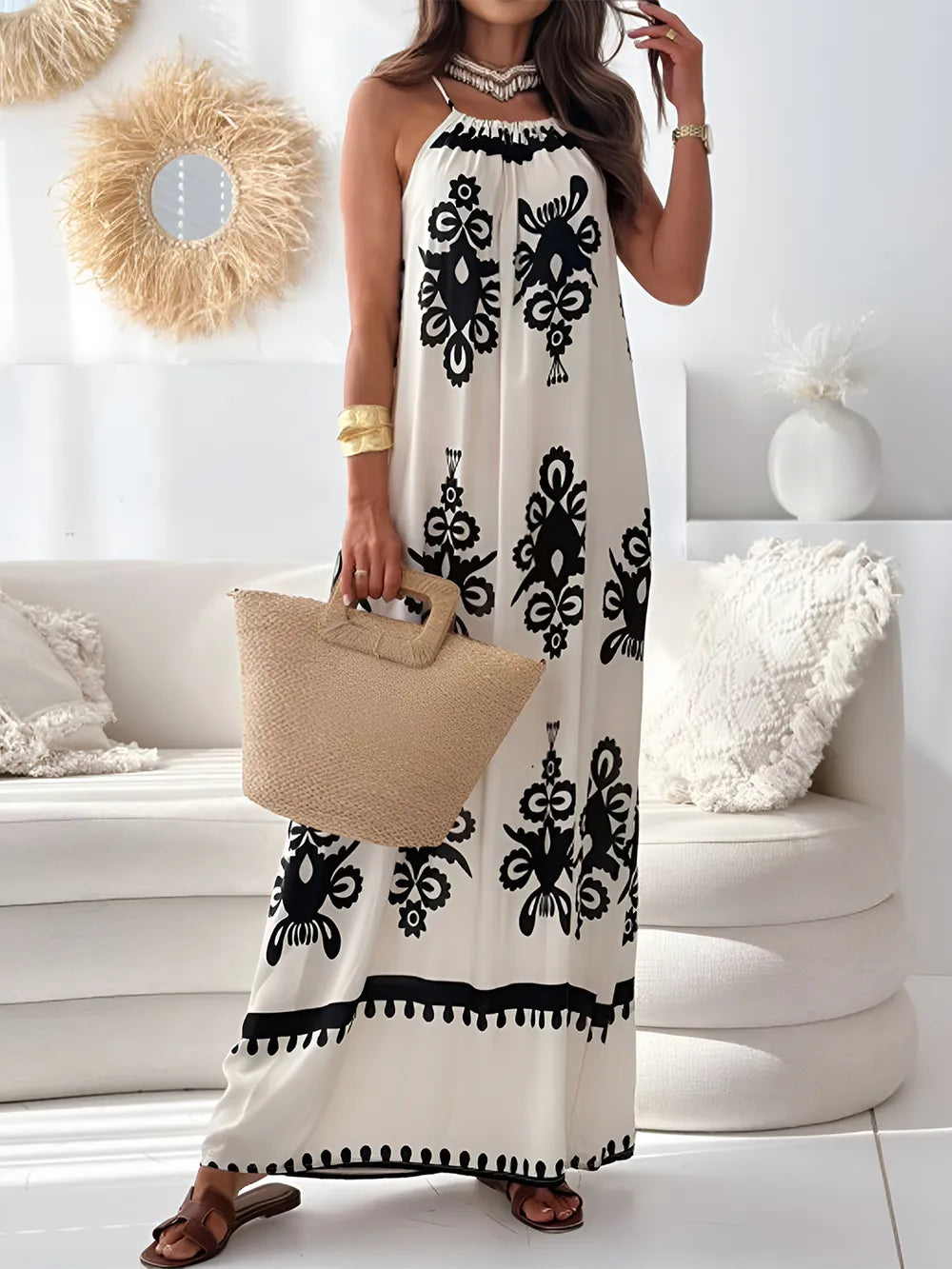 Printed Spaghetti Strap Sleeveless Maxi Dress - WYNFLARE