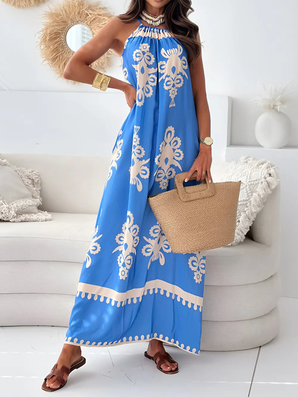 Printed Spaghetti Strap Sleeveless Maxi Dress - WYNFLARE