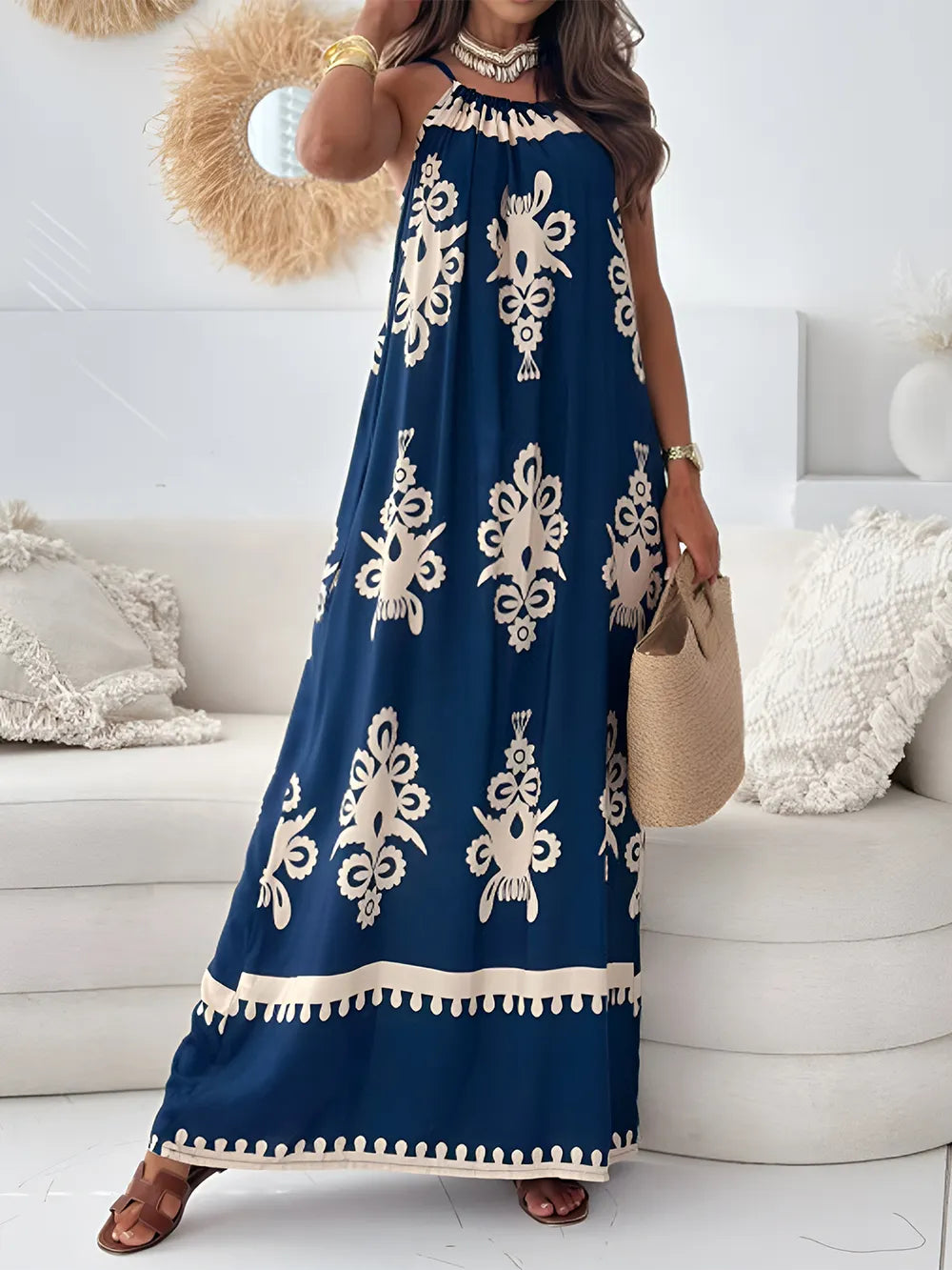 Printed Spaghetti Strap Sleeveless Maxi Dress - WYNFLARE