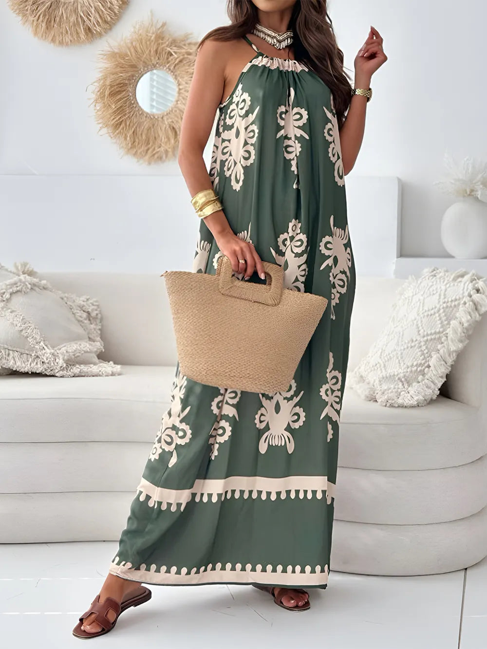 Printed Spaghetti Strap Sleeveless Maxi Dress - WYNFLARE