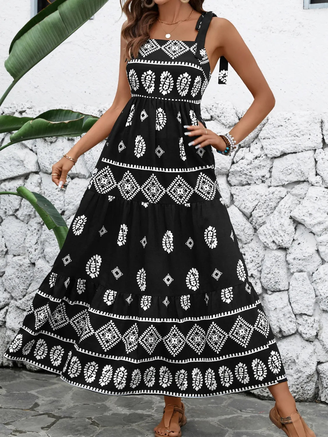 Printed Square Neck Maxi Cami Dress - WYNFLARE