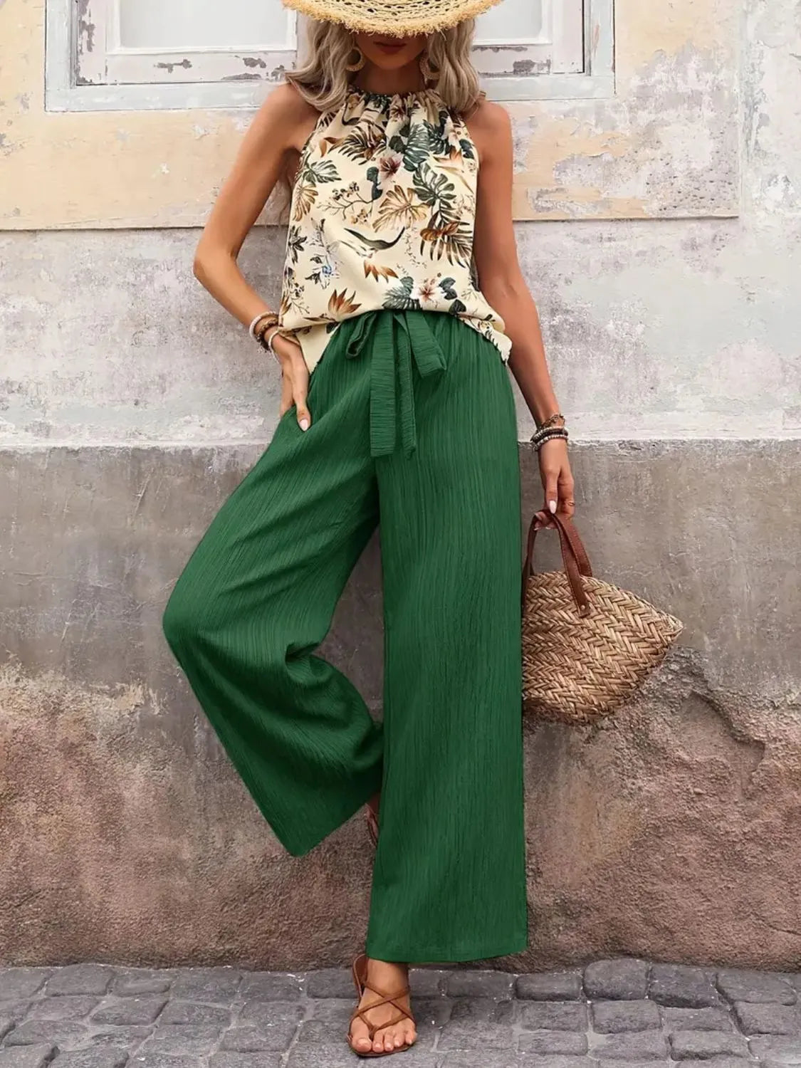 Printed Tank Top and Wide Leg Pants Set - WYNFLARE