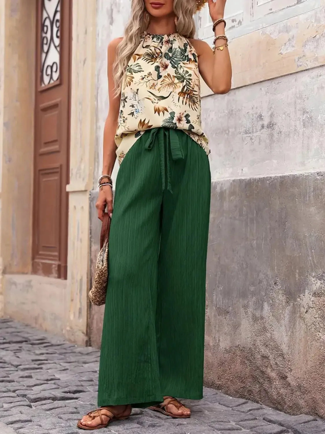 Printed Tank Top and Wide Leg Pants Set - WYNFLARE