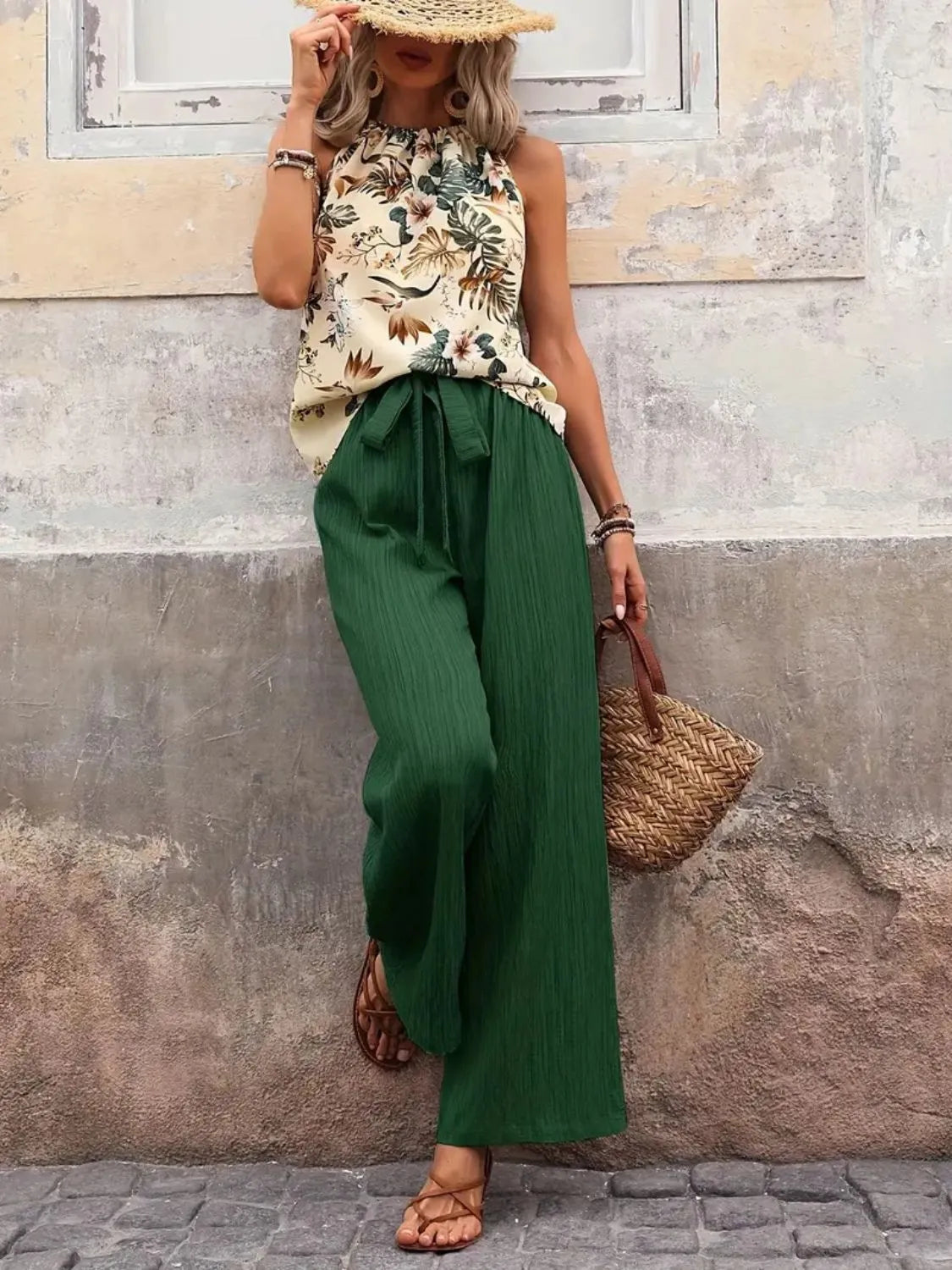 Printed Tank Top and Wide Leg Pants Set - WYNFLARE