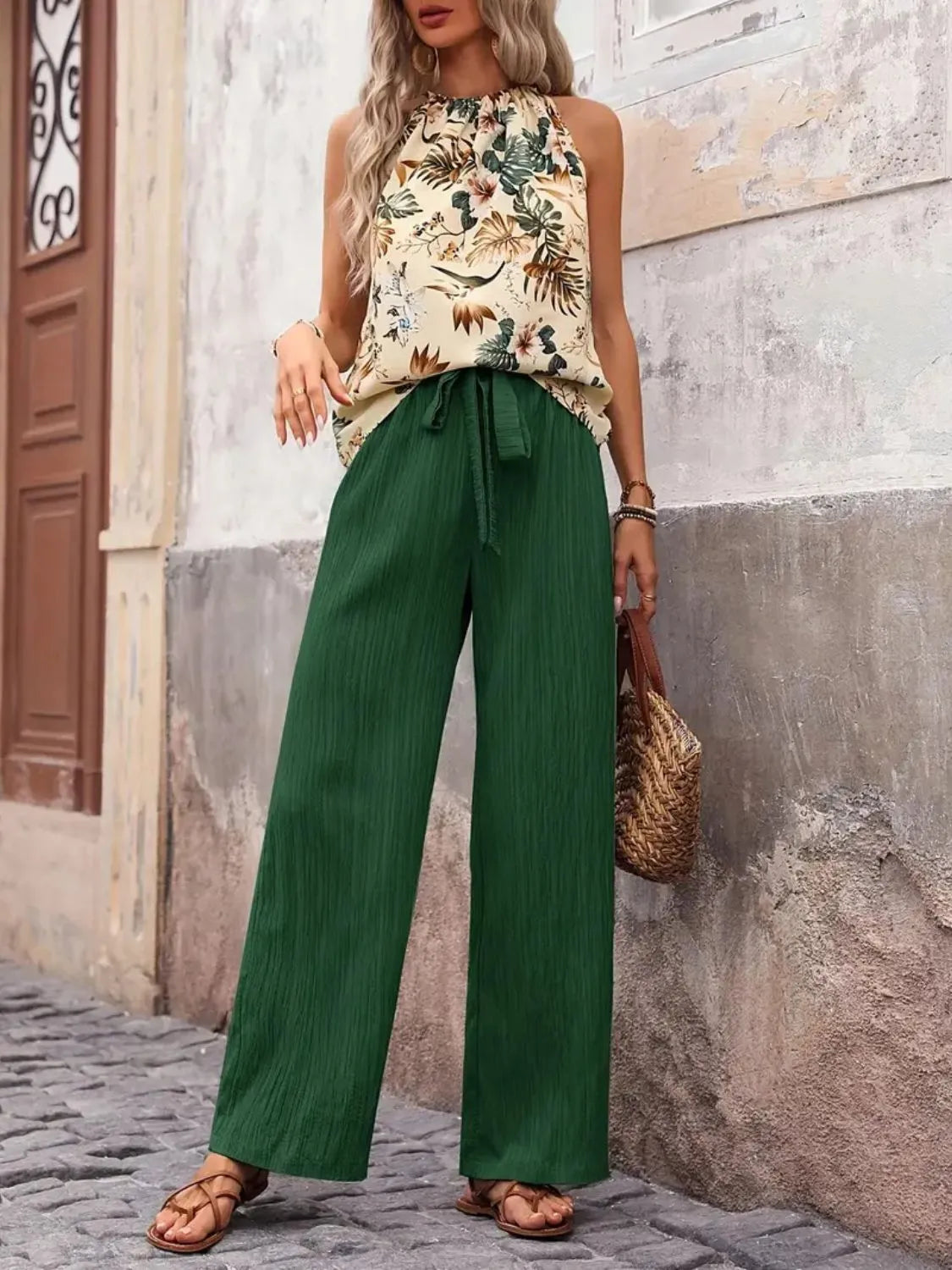 Printed Tank Top and Wide Leg Pants Set - WYNFLARE