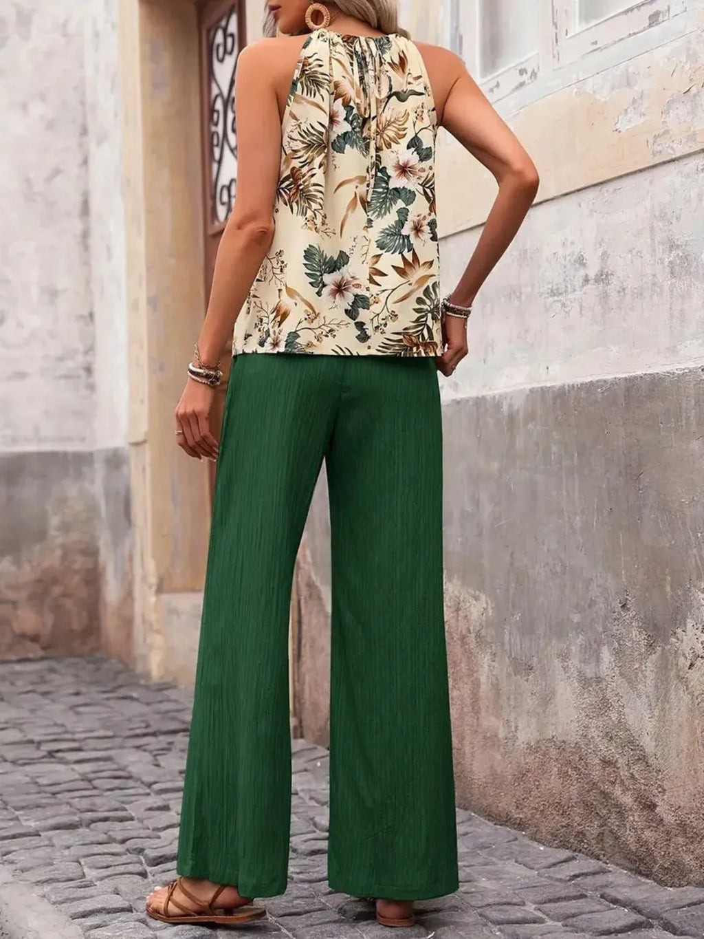 Printed Tank Top and Wide Leg Pants Set - WYNFLARE