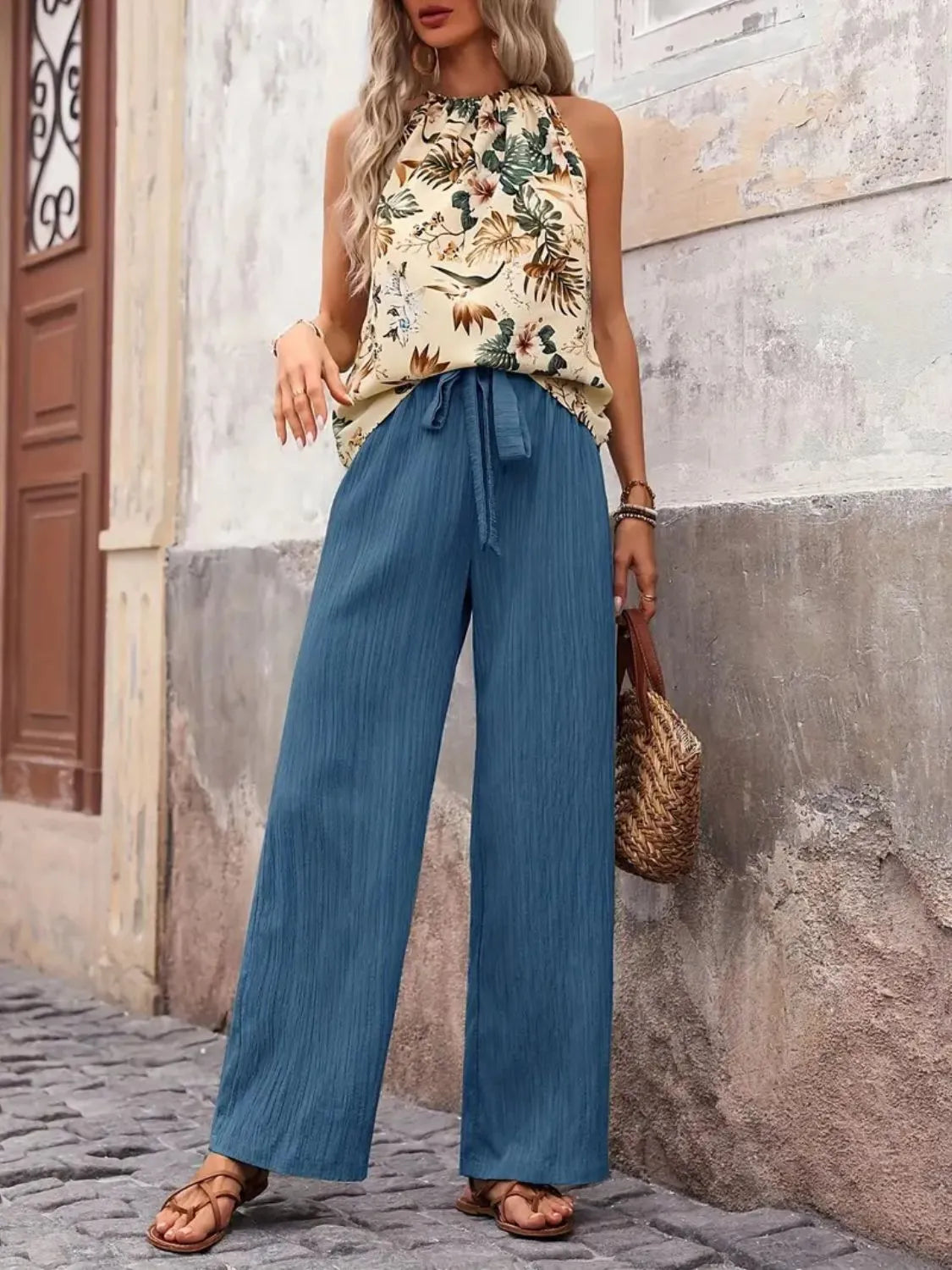 Printed Tank Top and Wide Leg Pants Set - WYNFLARE