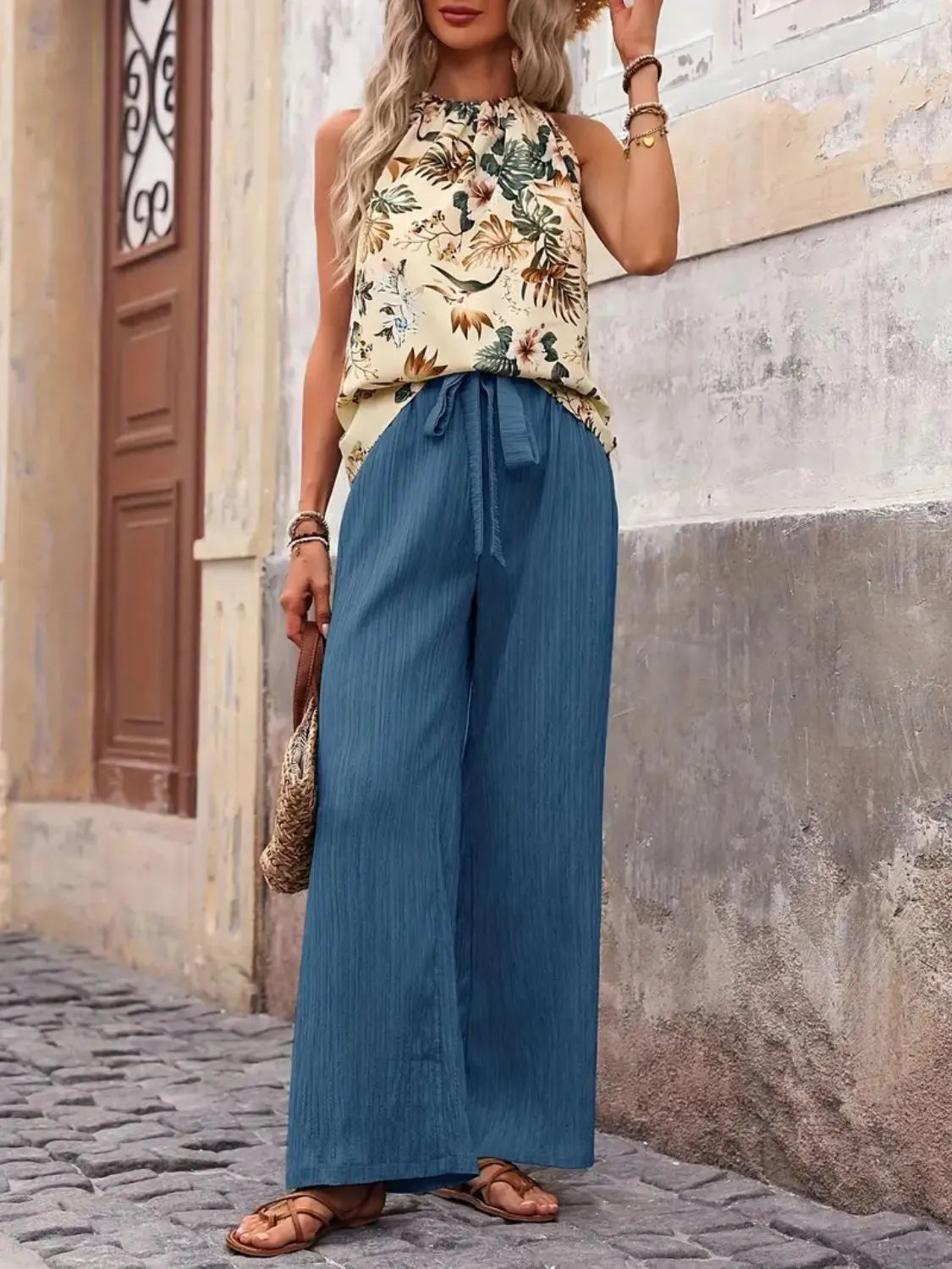 Printed Tank Top and Wide Leg Pants Set - WYNFLARE