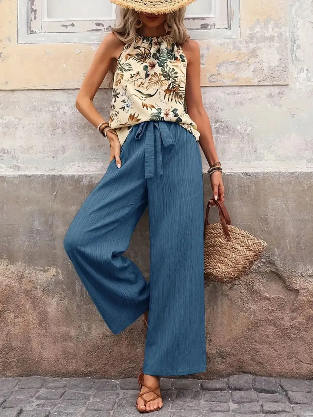 Printed Tank Top and Wide Leg Pants Set - WYNFLARE