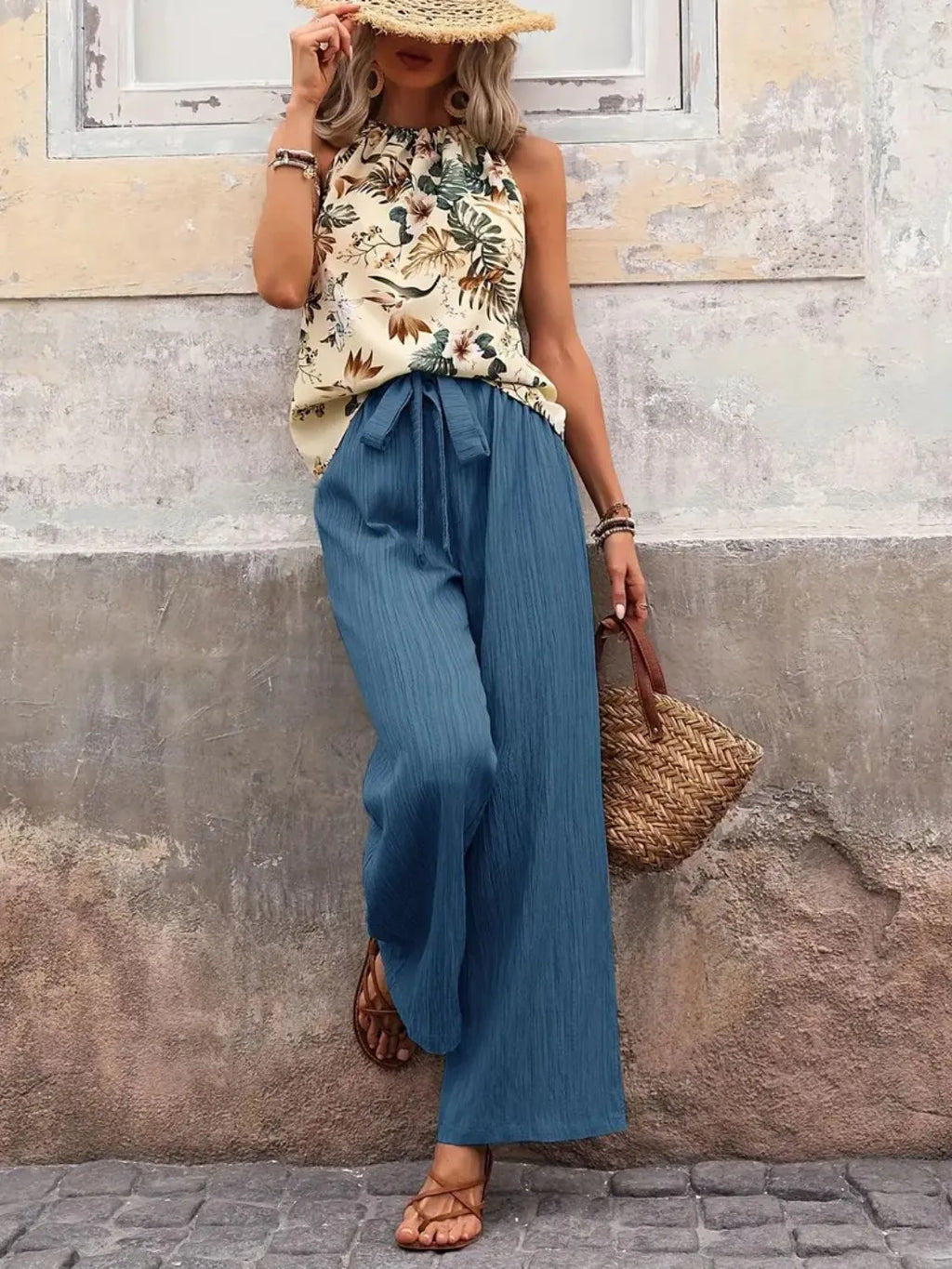 Printed Tank Top and Wide Leg Pants Set - WYNFLARE