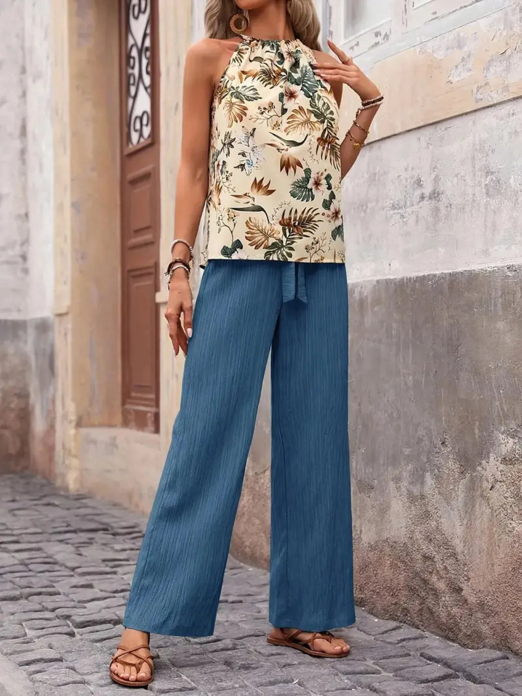 Printed Tank Top and Wide Leg Pants Set - WYNFLARE
