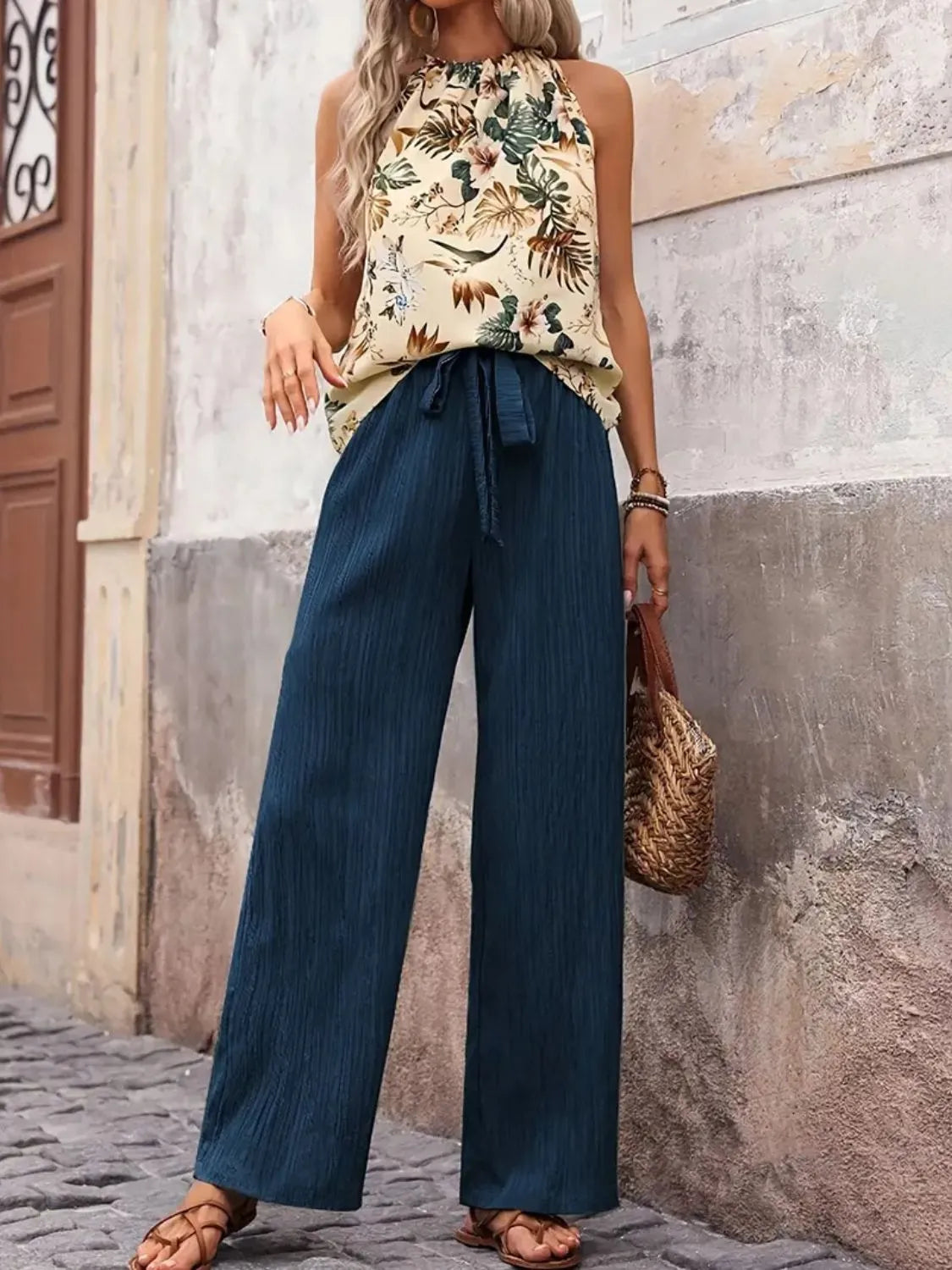 Printed Tank Top and Wide Leg Pants Set - WYNFLARE