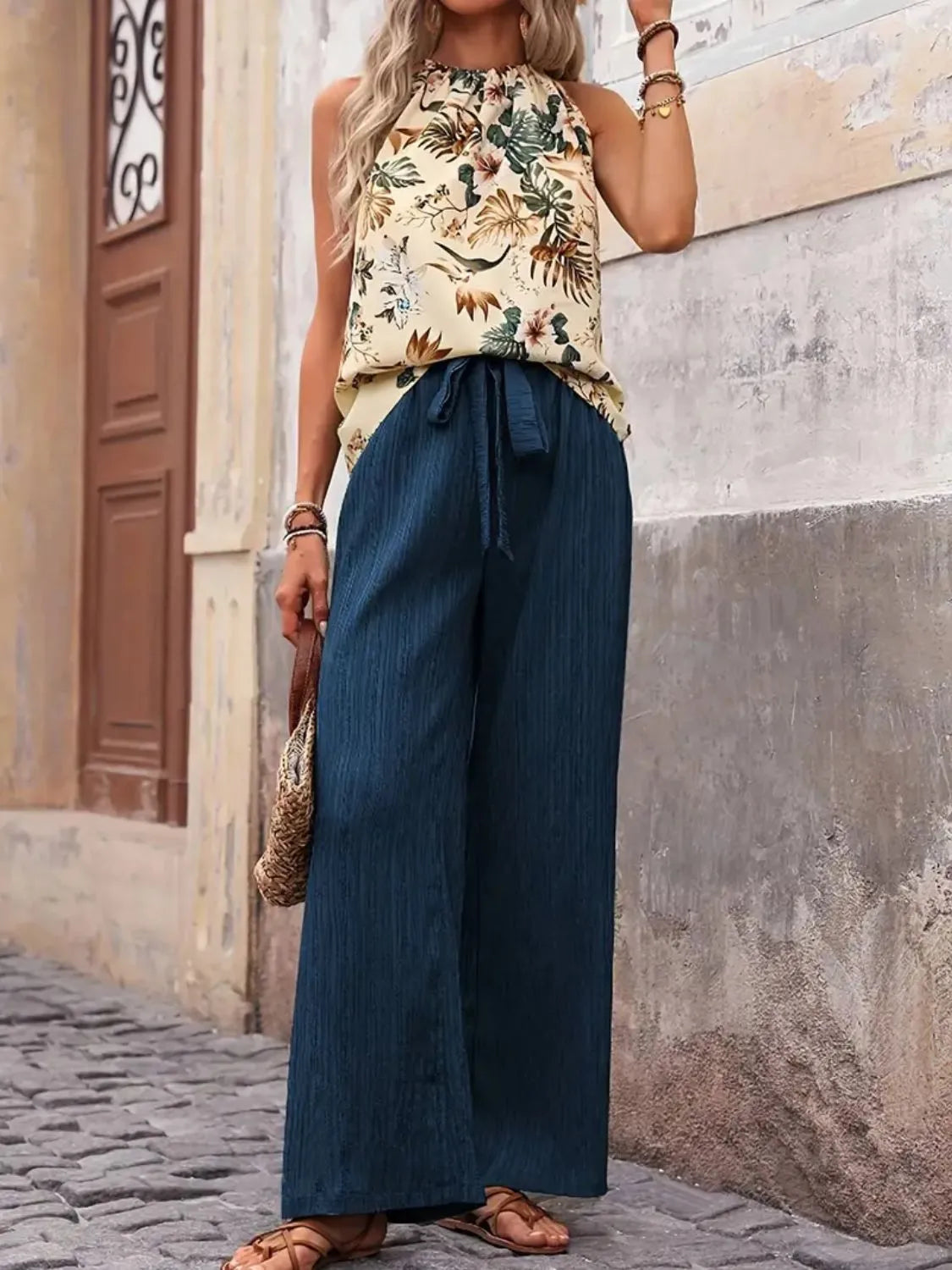 Printed Tank Top and Wide Leg Pants Set - WYNFLARE