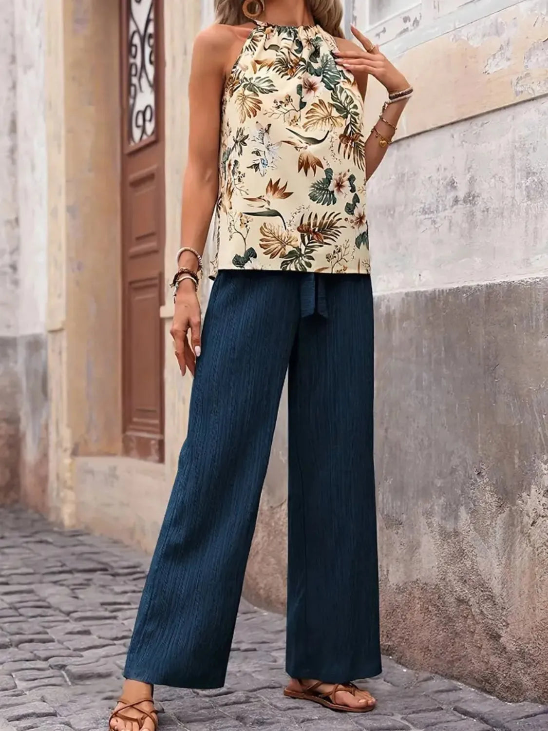 Printed Tank Top and Wide Leg Pants Set - WYNFLARE