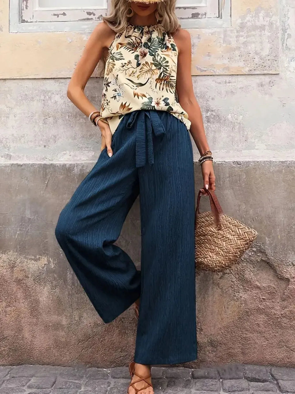 Printed Tank Top and Wide Leg Pants Set - WYNFLARE