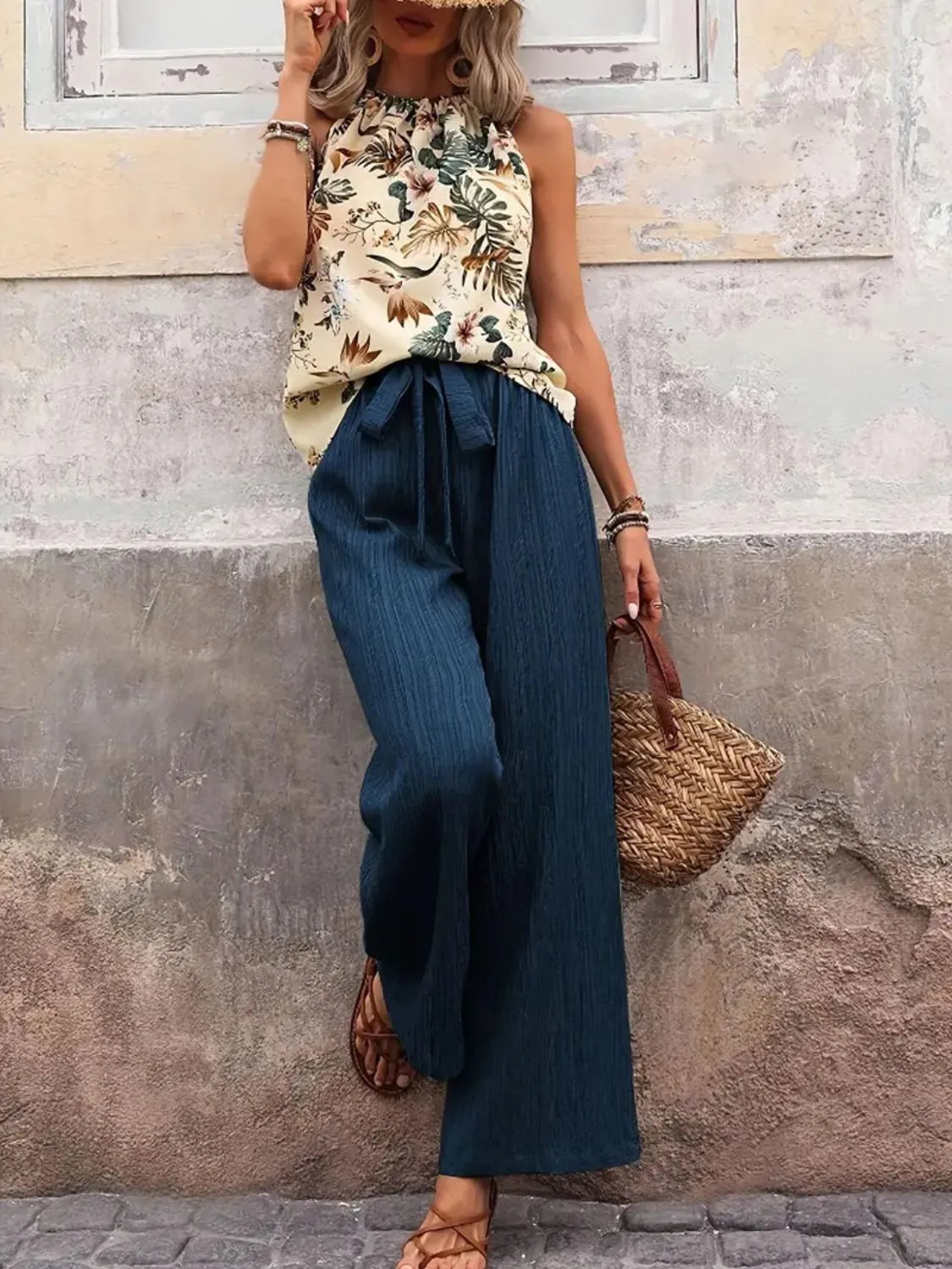 Printed Tank Top and Wide Leg Pants Set - WYNFLARE