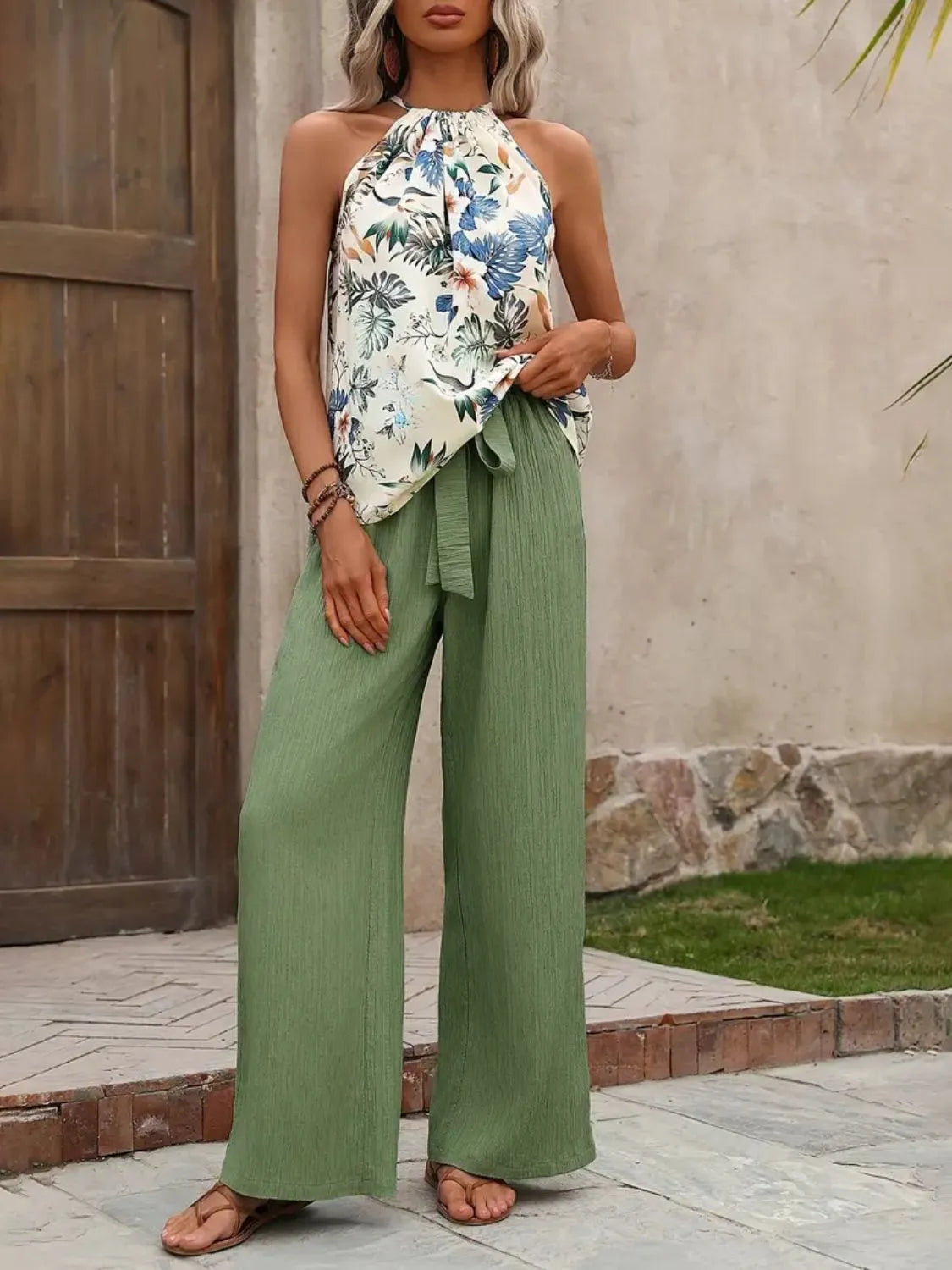 Printed Tank Top and Wide Leg Pants Set - WYNFLARE
