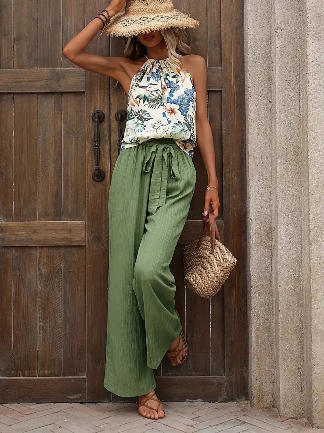 Printed Tank Top and Wide Leg Pants Set - WYNFLARE