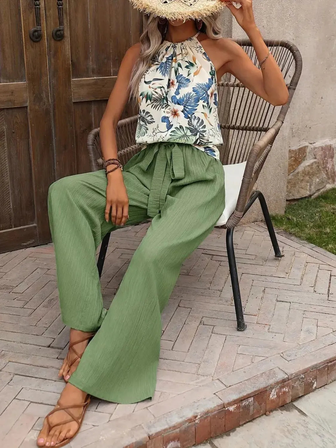 Printed Tank Top and Wide Leg Pants Set - WYNFLARE