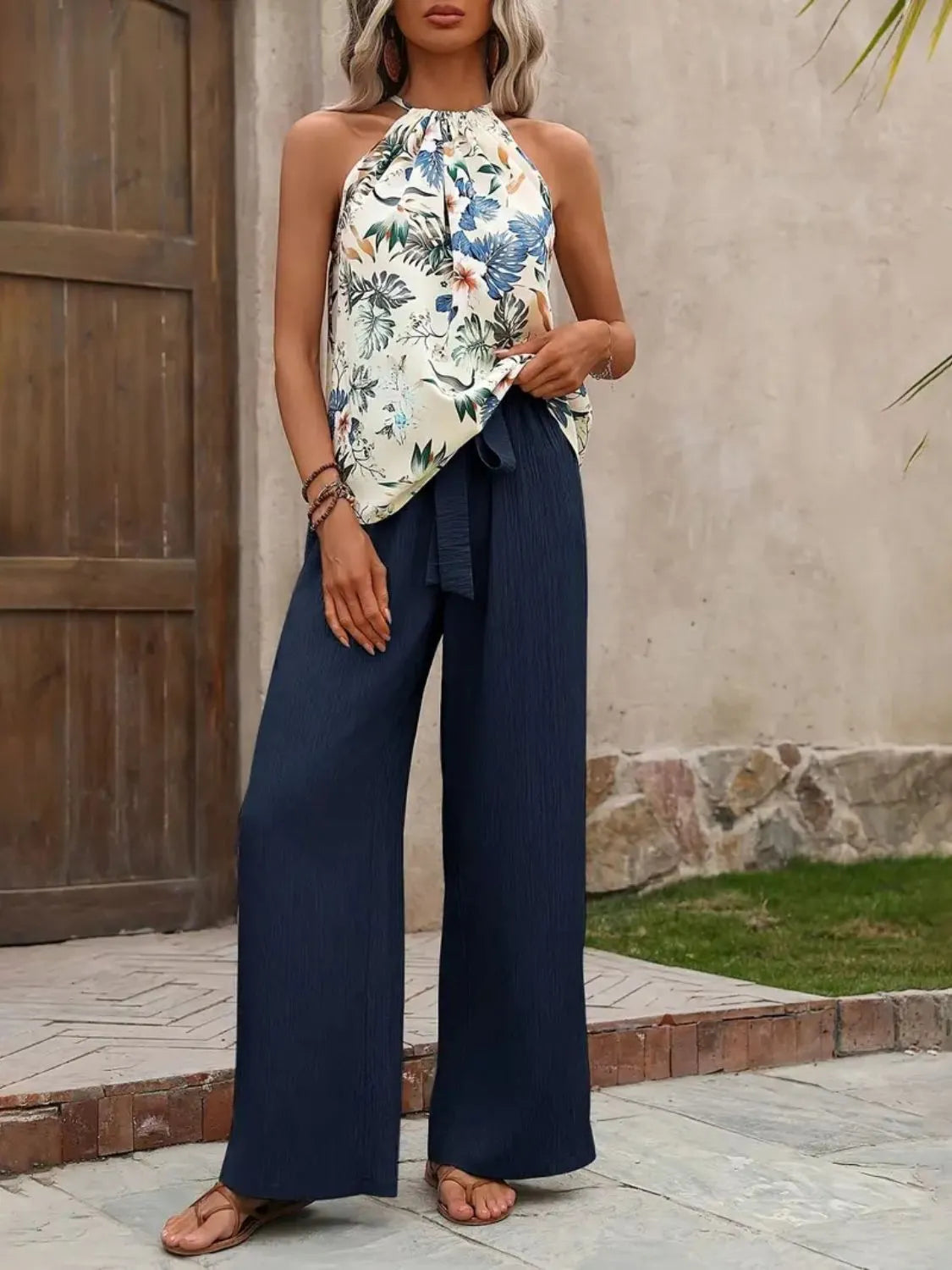 Printed Tank Top and Wide Leg Pants Set - WYNFLARE