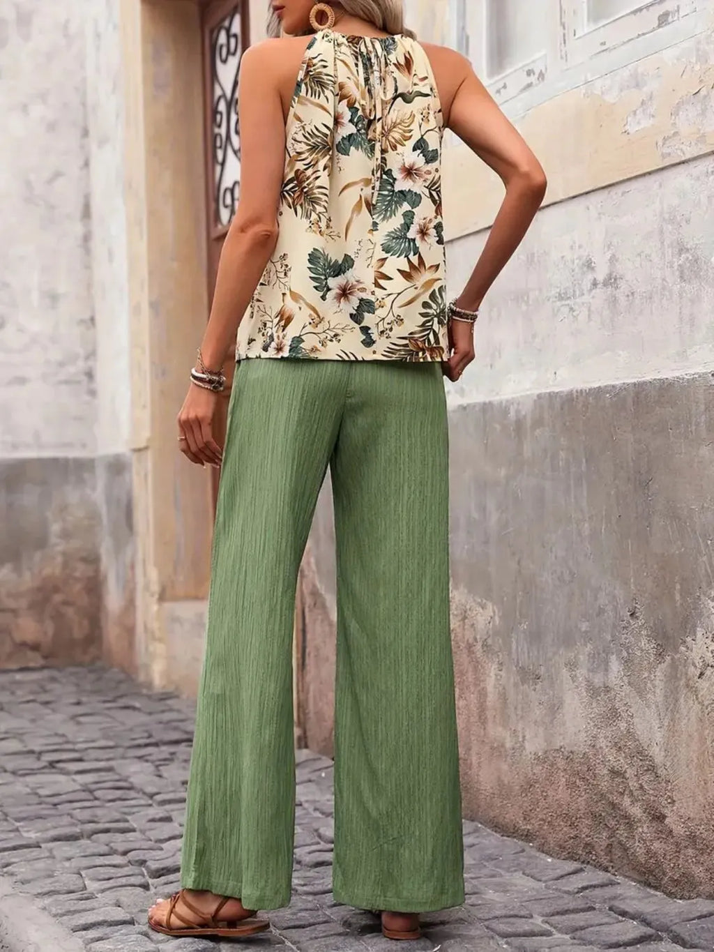 Printed Tank Top and Wide Leg Pants Set - WYNFLARE